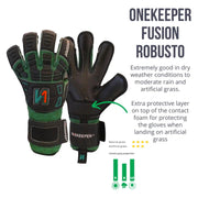 Professional Goalkeeper Gloves ONEKEEPER Solid Robusto Green and Black Fusion Cut special for Turf or Artificial Grass gk