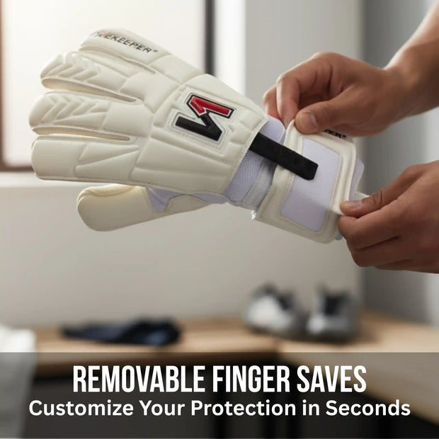 ONEKEEPER RETRO White glove with removable finger saves being adjusted, with text &