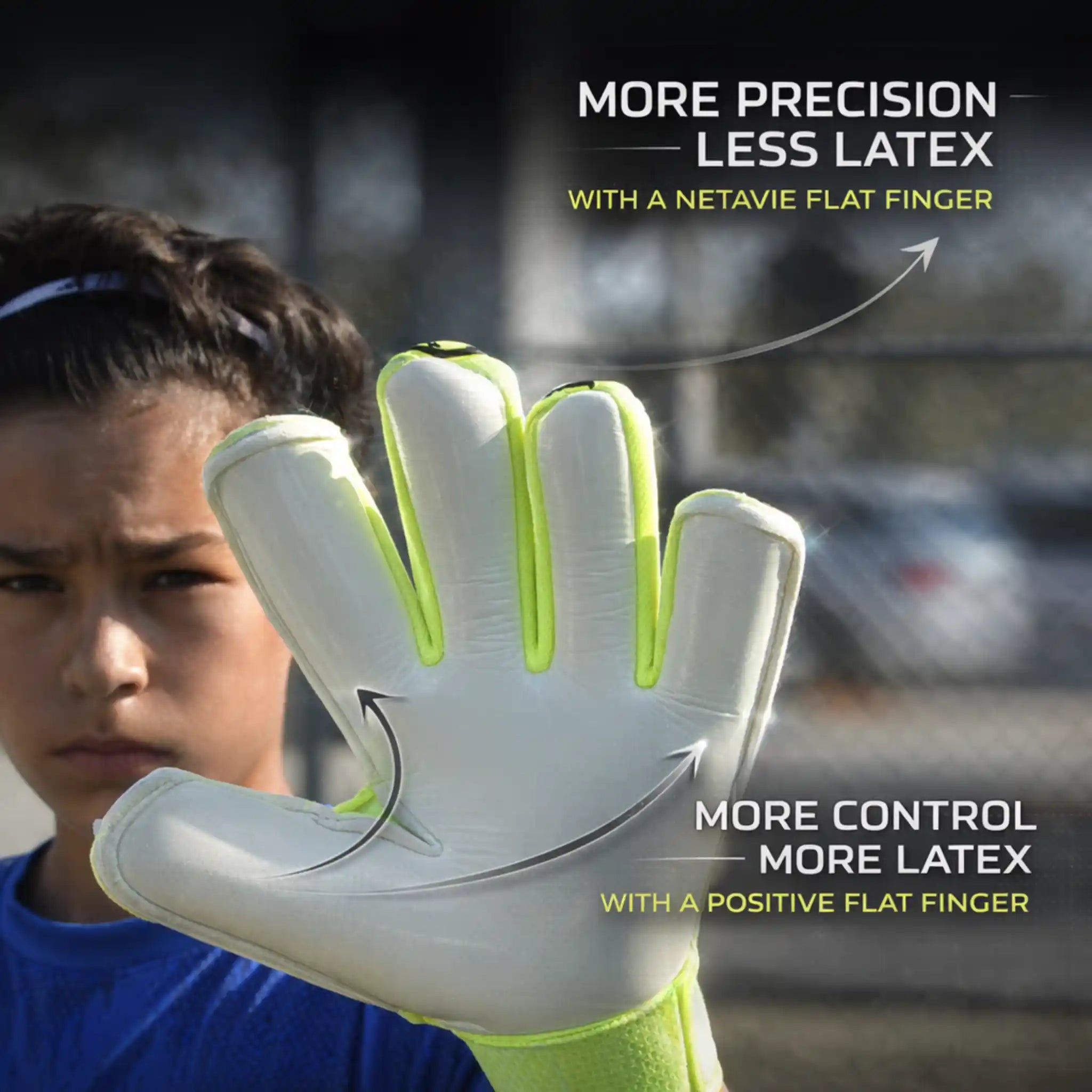 onekeeper revolt White soccer glove with green accents held by a person, with text about glove features.