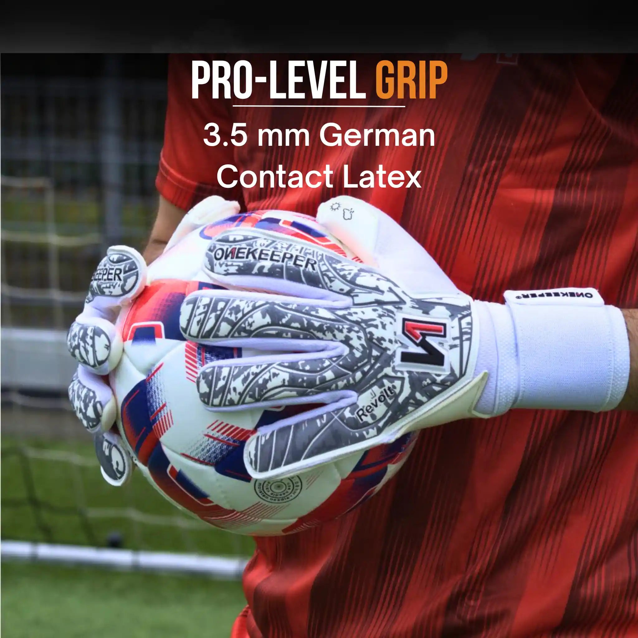 onekeeper revolt white Goalkeeper gloves with text highlighting 'Pro-Level Grip' and '3.5 mm German Contact Latex' on a blurred background.