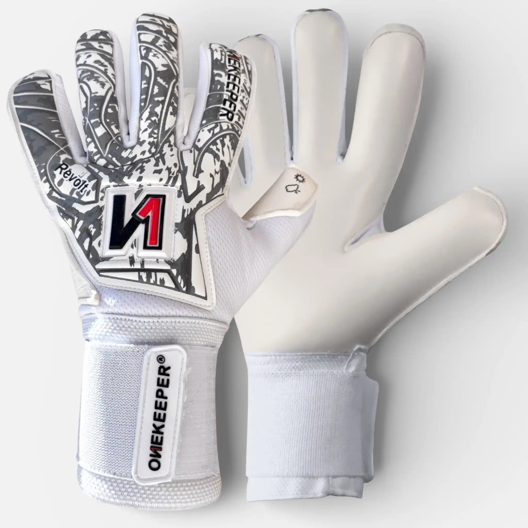 Pair of onekeeper revolt white goalkeeper gloves with black and gray pattern on a white background