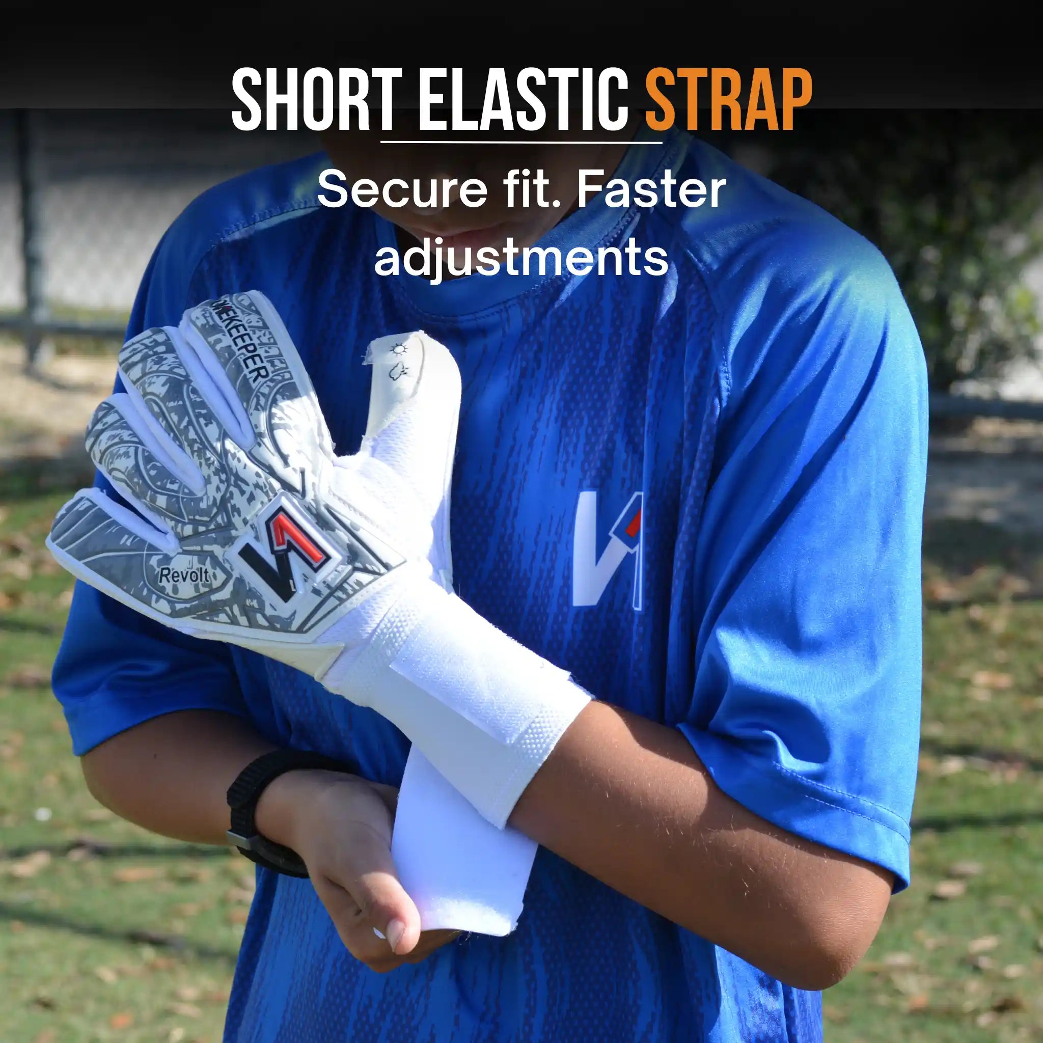 Person wearing a blue sports jersey holding a onekeeper revolt white white gloves with text about short elastic straps.