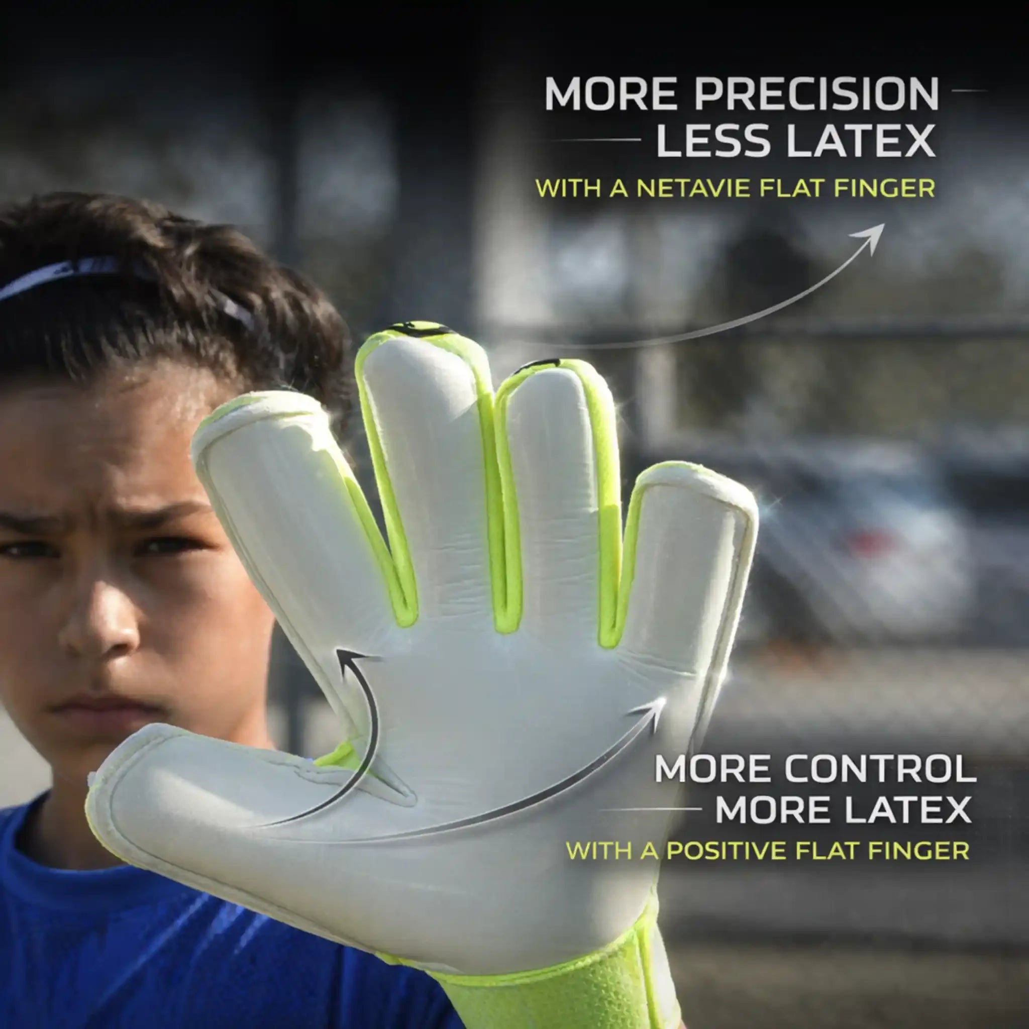 onekeeper revolt fluo yellow  goalkeeper glove with green accents held by a person, with text about glove features.