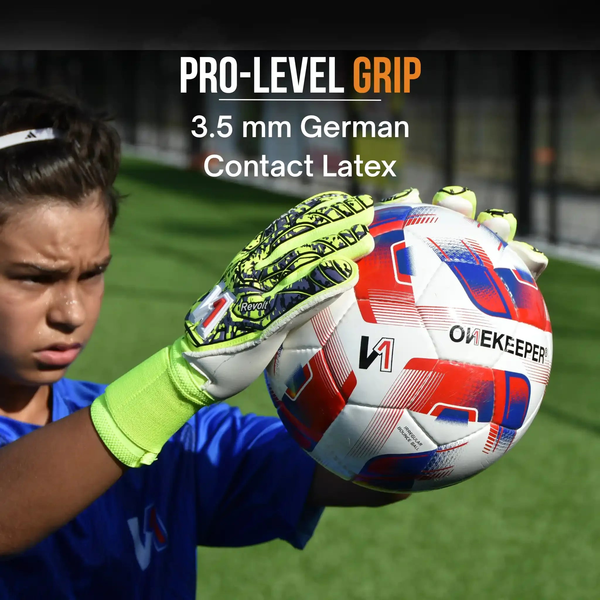 Person wearing a onekeeper revolt fluo yellow goalkeeper gloves holding a soccer ball on a grass field with text about ball grip and material.