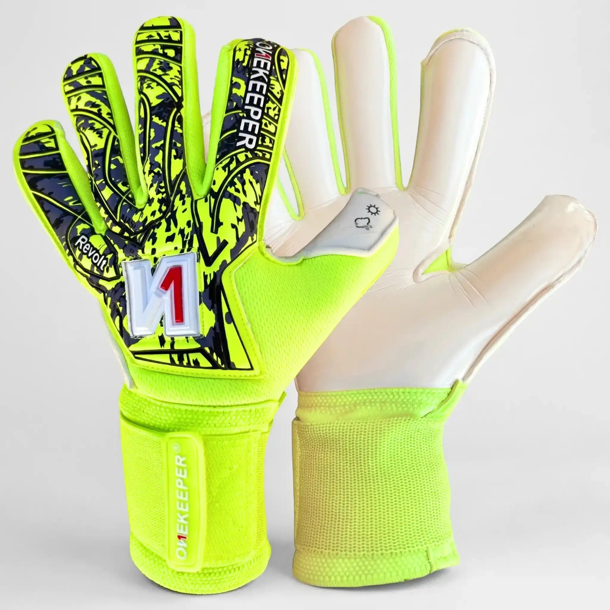 Onekeeper Revolt Fluorescent green goalkeeper gloves with black and white design on a light gray background