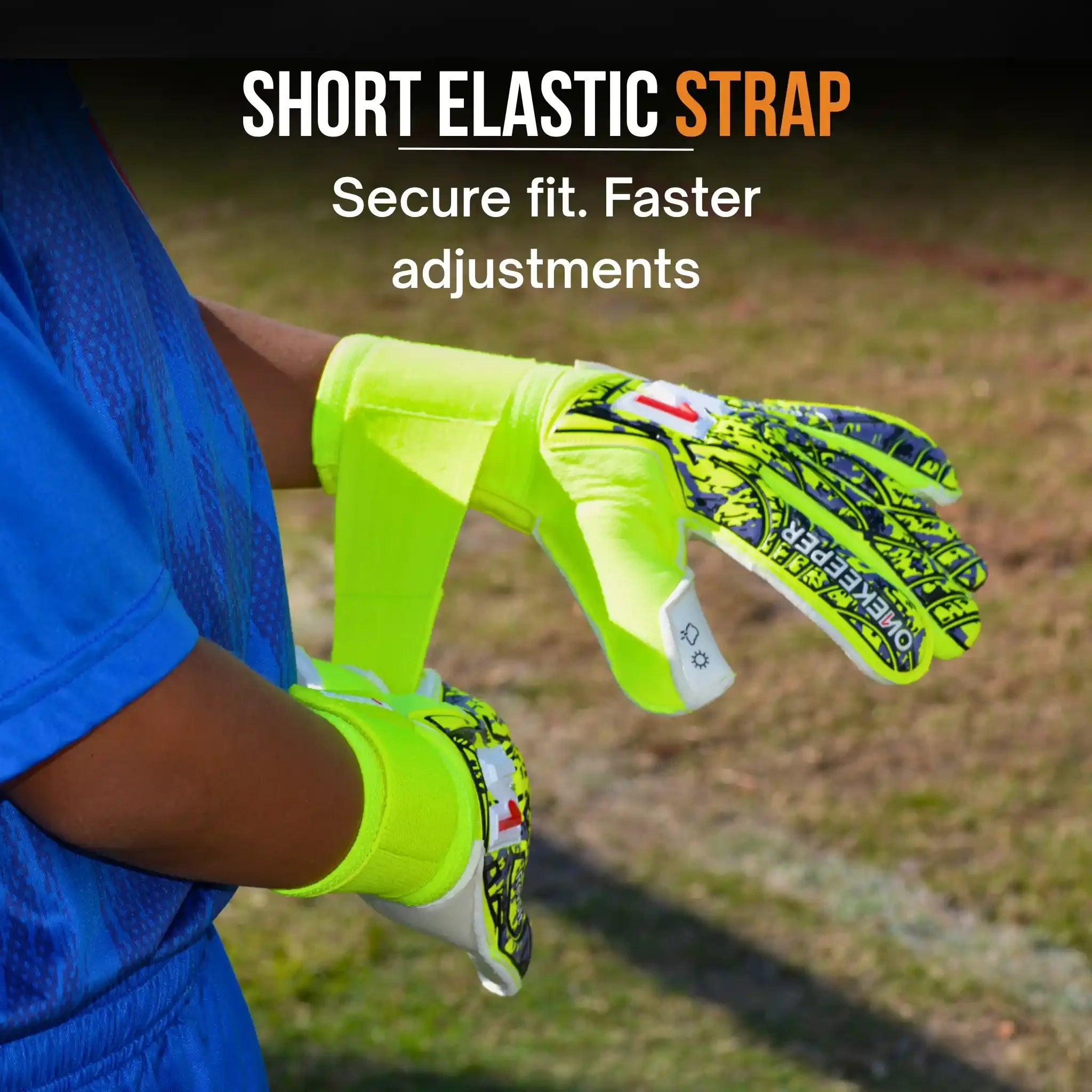 Person wearing a onekeeper revolt fluo yellow gloves with a short elastic strap on a grassy field background.