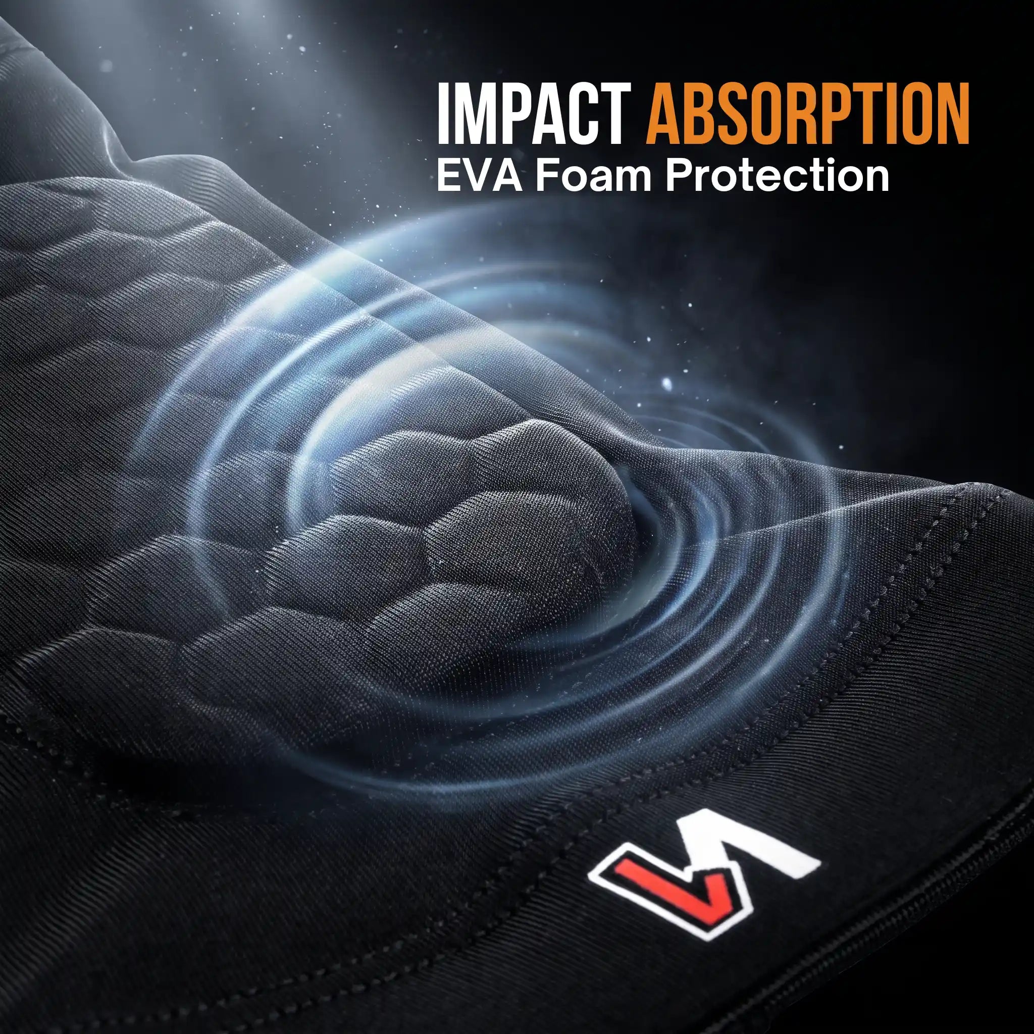 Close-up of a black onekeeper shin pad sleeve protective with a textured honeycomb panel and glowing blue impact-absorption effect, plus text reading 'IMPACT ABSORPTION EVA Foam Protection' and a small red-and-white logo near the bottom right.