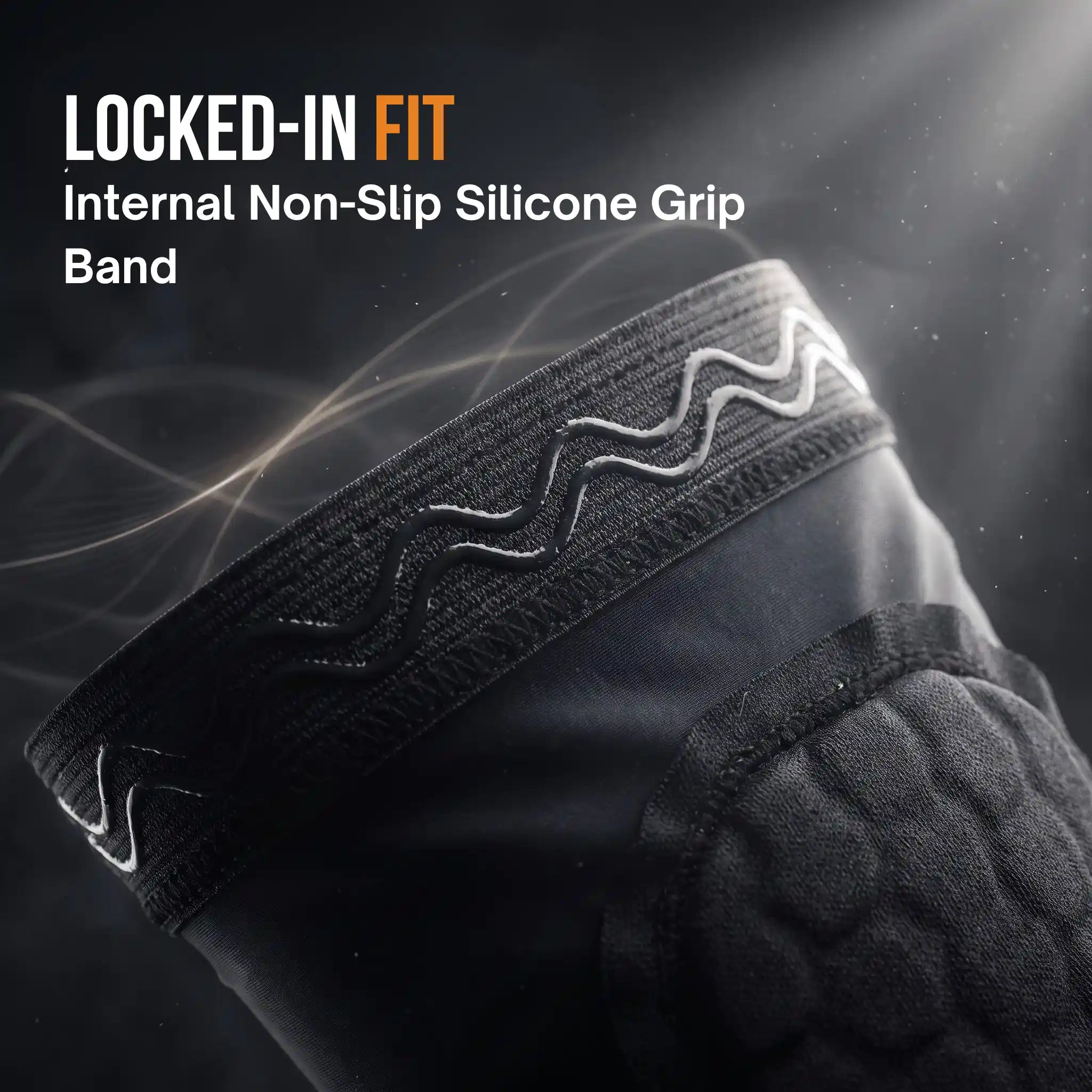 Close-up of a black shin pad sleeve with a textured non-slip silicone grip band, shown against a dark smoky background with text reading 'LOCKED-IN FIT Internal Non-Slip Silicone Grip Band'.