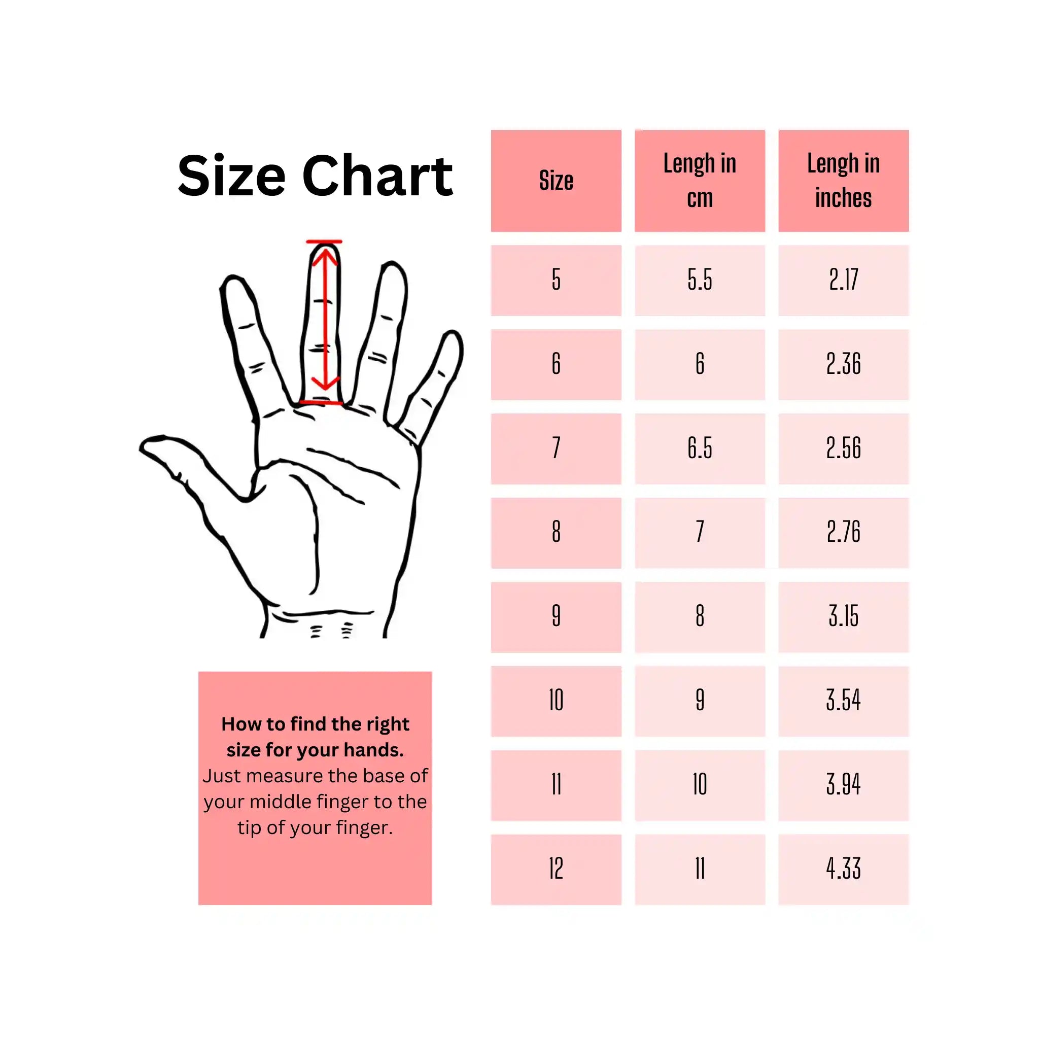Hand size chart with measurements in centimeters and inches