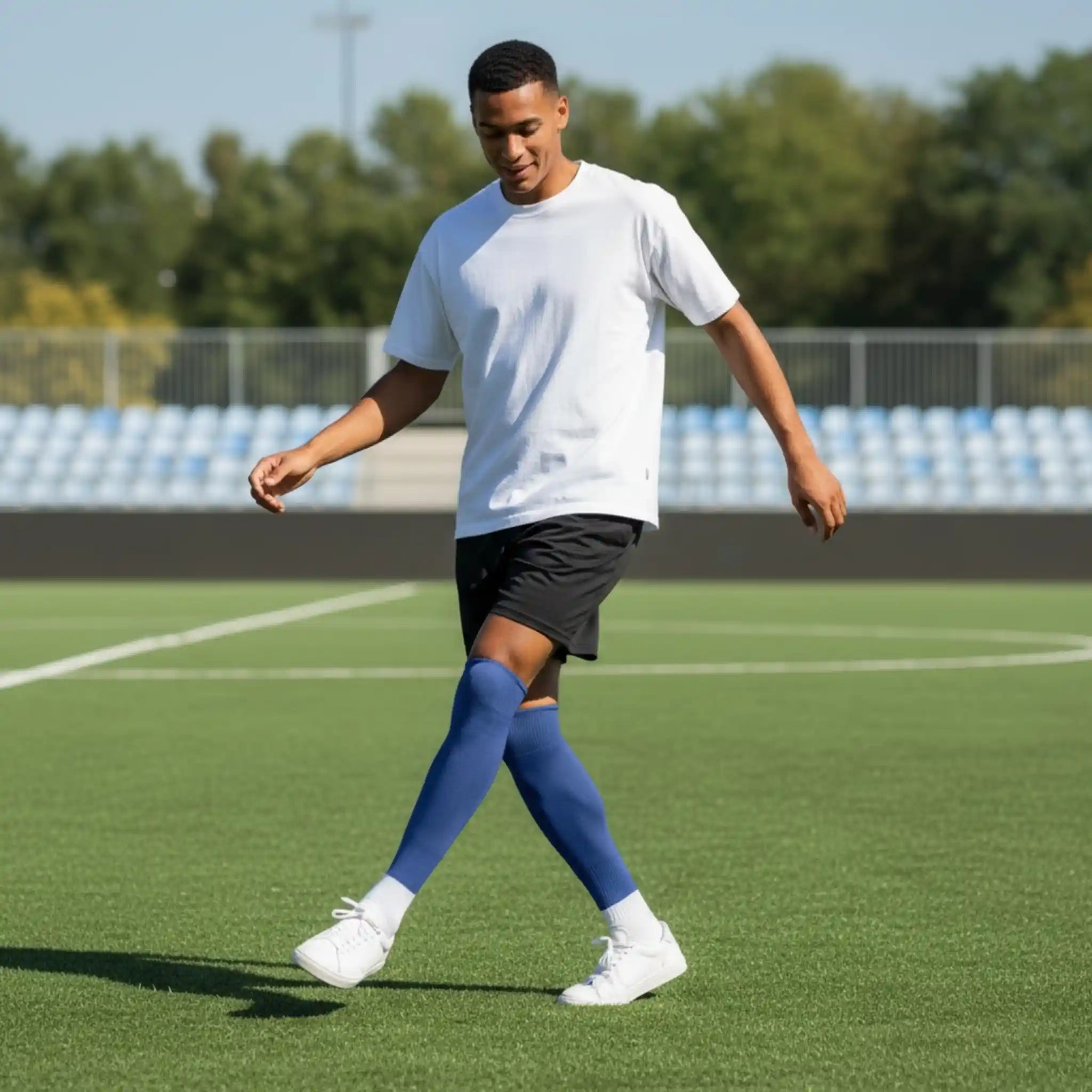 Person walking on a sports field wearing a white t-shirt, black shorts, and onekeeper blue knee-high socks sleeve