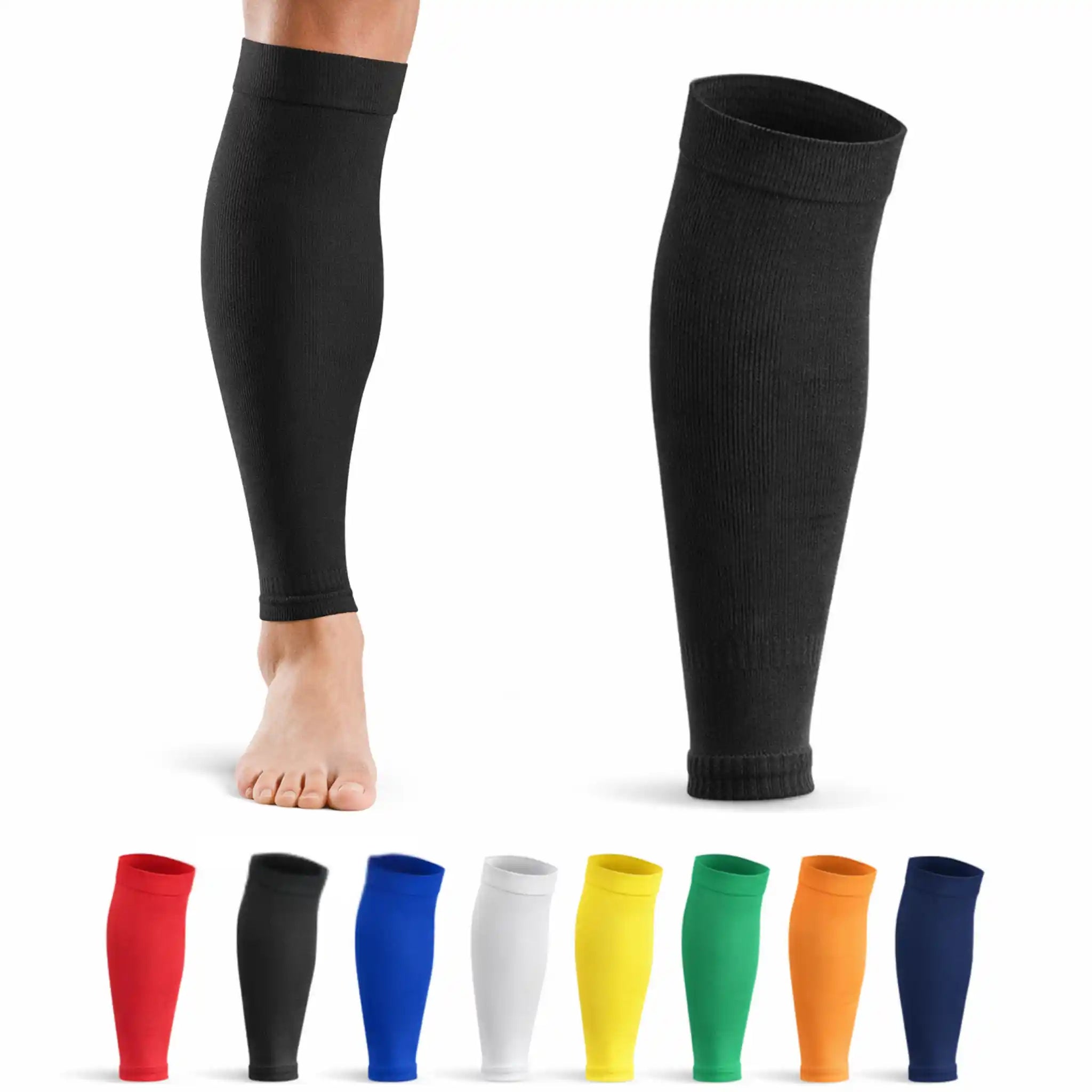 Black compression leg sleeves with color options displayed below on a white background