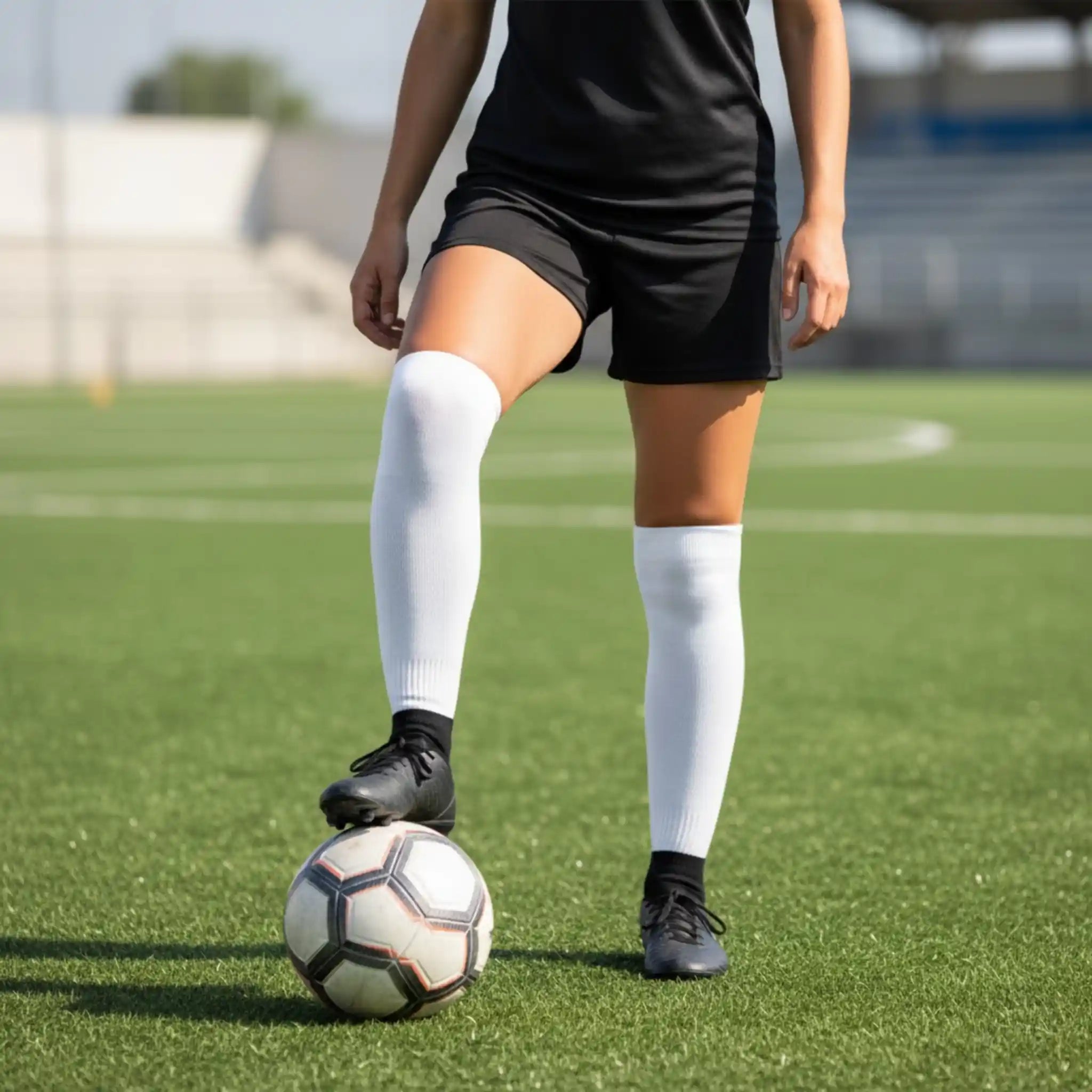 Person in soccer uniform standing on a soccer ball on a field with a onekeeper white calf sleeve