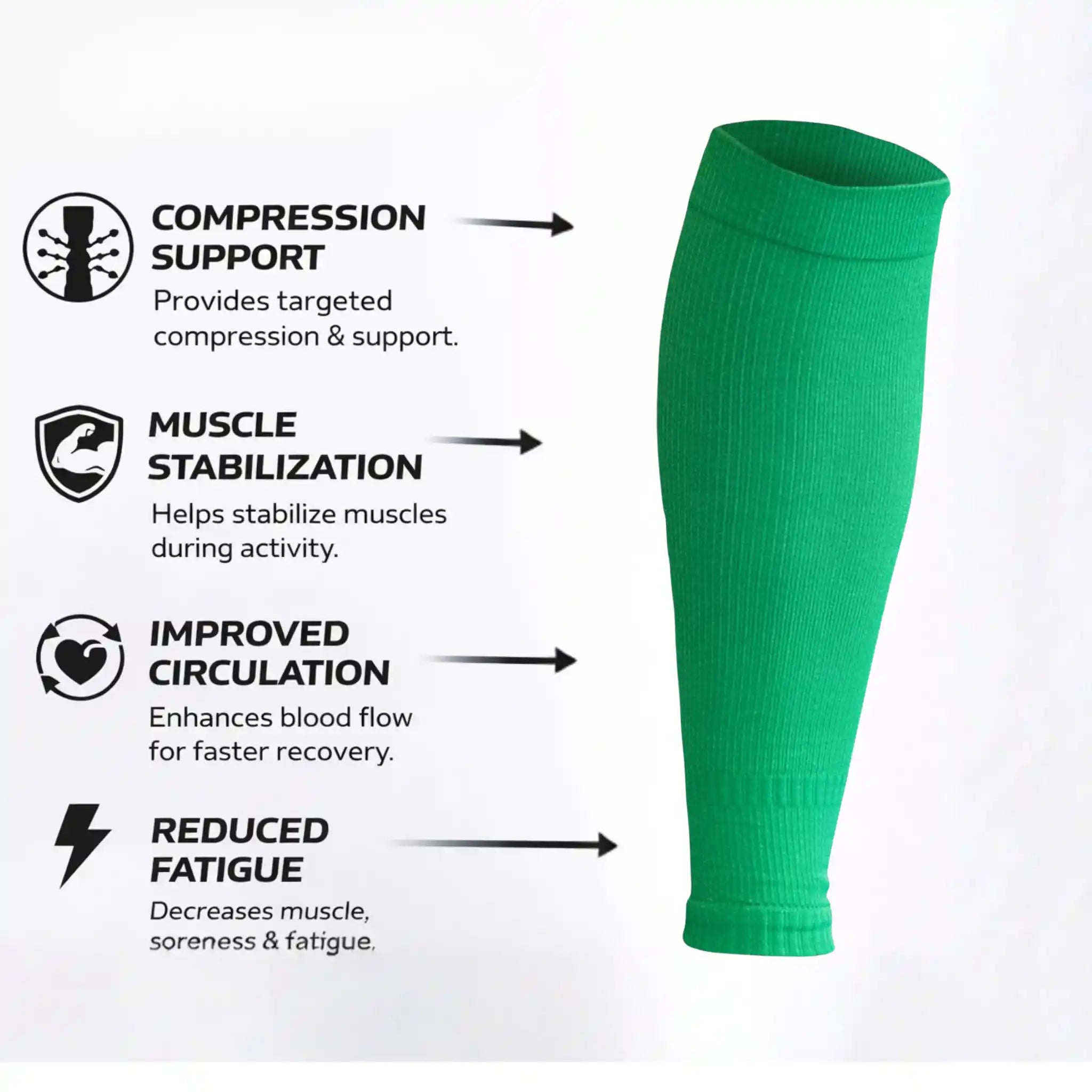 Green compression sock leg with text highlighting its benefits on a white background