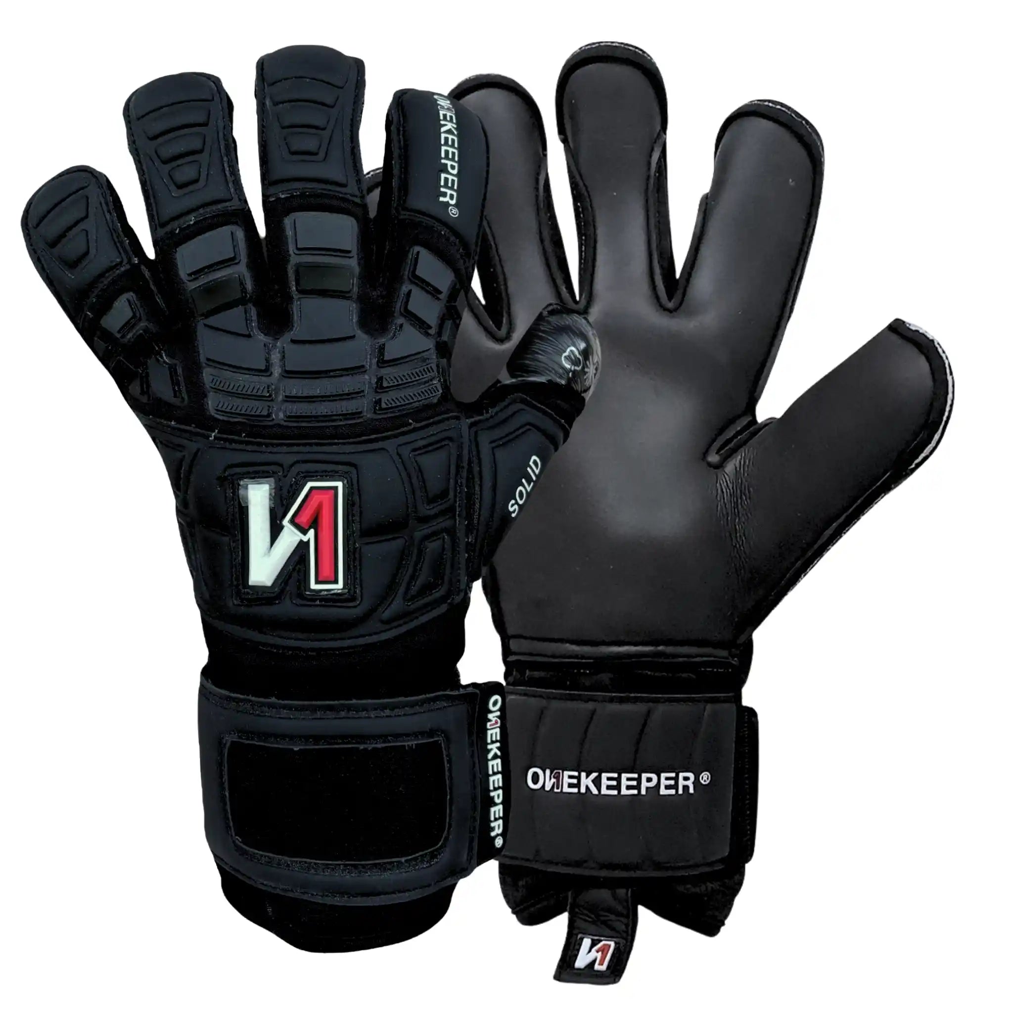 ONEKEEPER Solid Black goalkeeper gloves with V1 logo on a white background