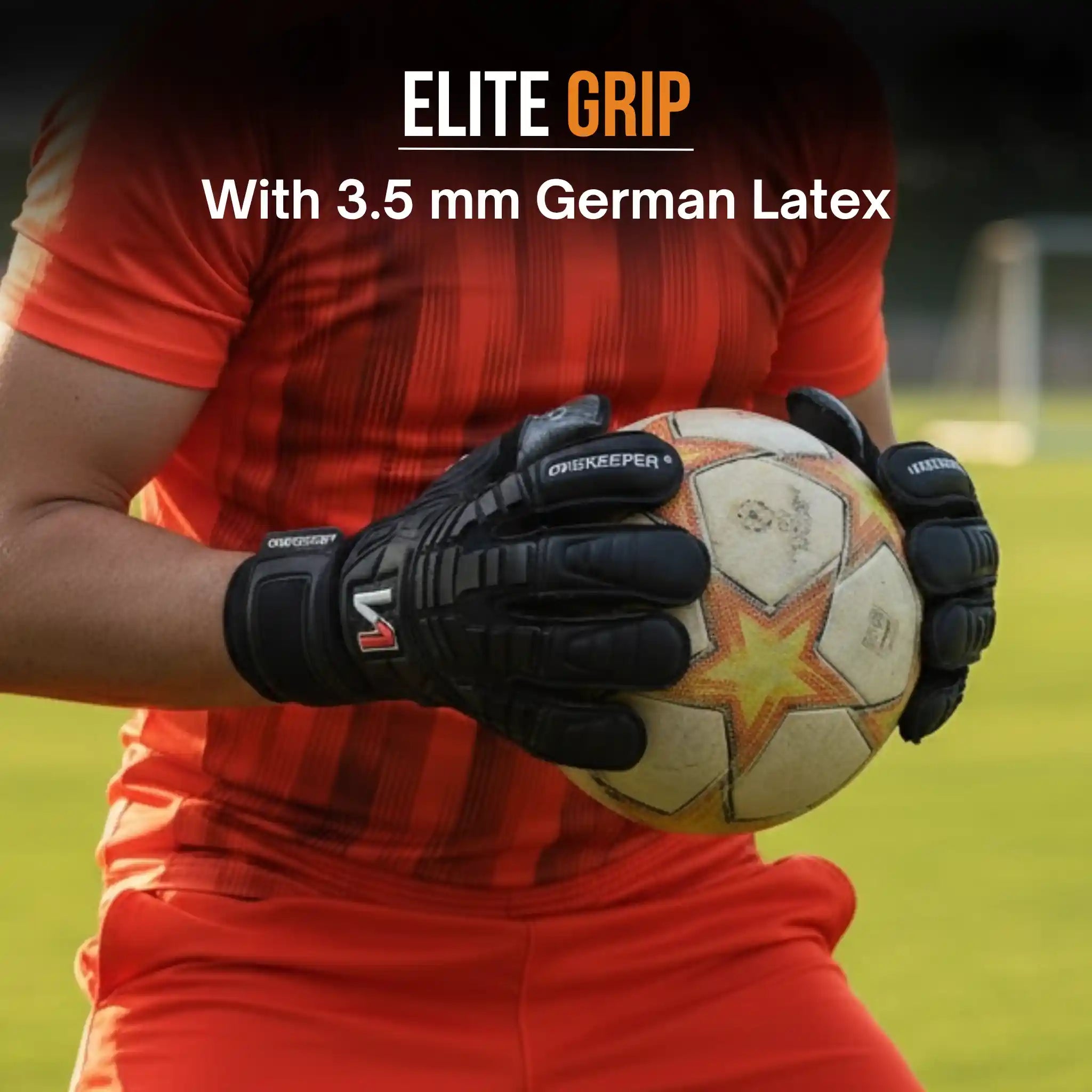 Person wearing a onekeeper solid black goalkeeper gloves holding a soccer ball with 'Elite Grip' text on a blurred sports field background.