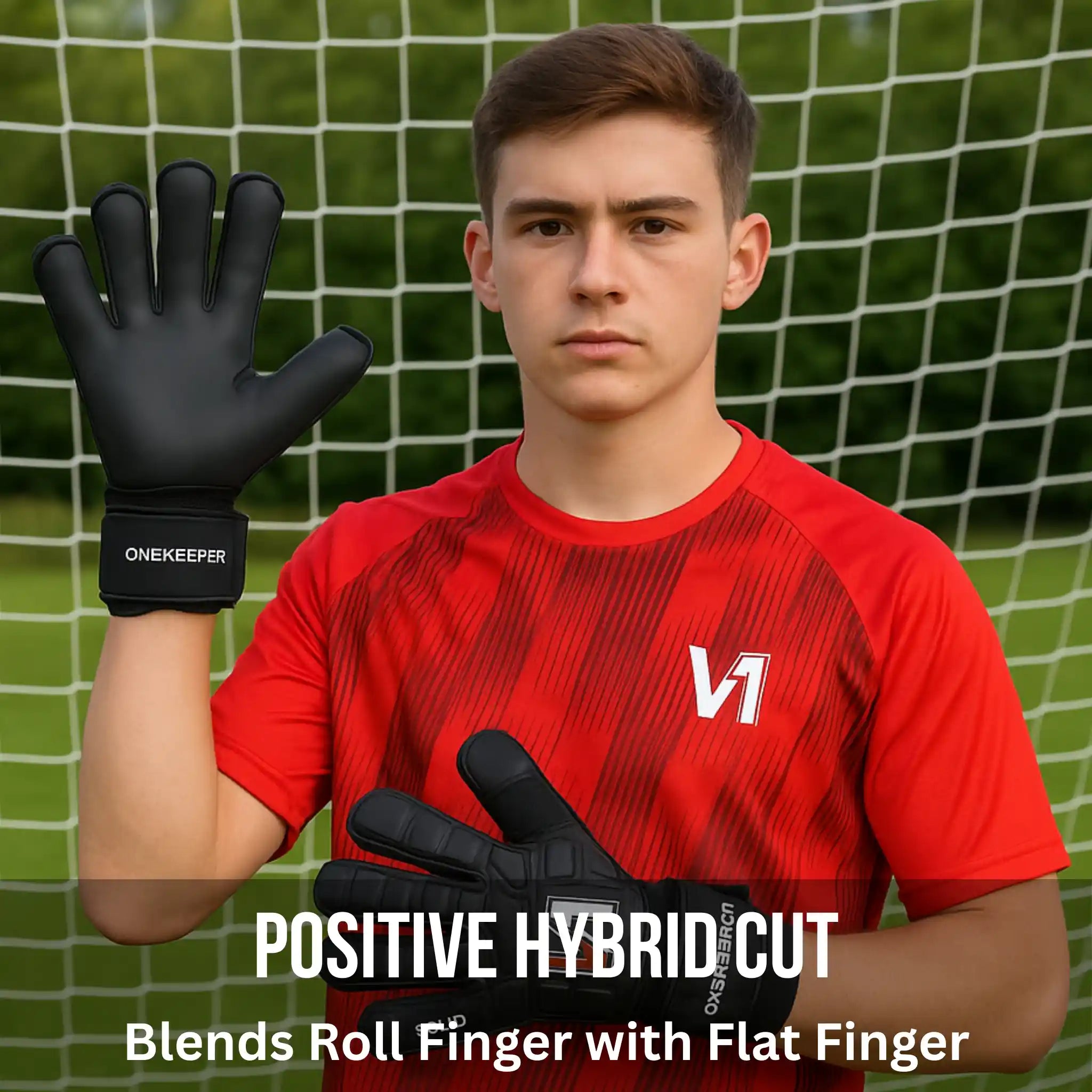 Person wearing a red sports jersey and a ONEKEEPER Solid black gloves with 'ONEKEEPER' branding, standing in front of a green net.