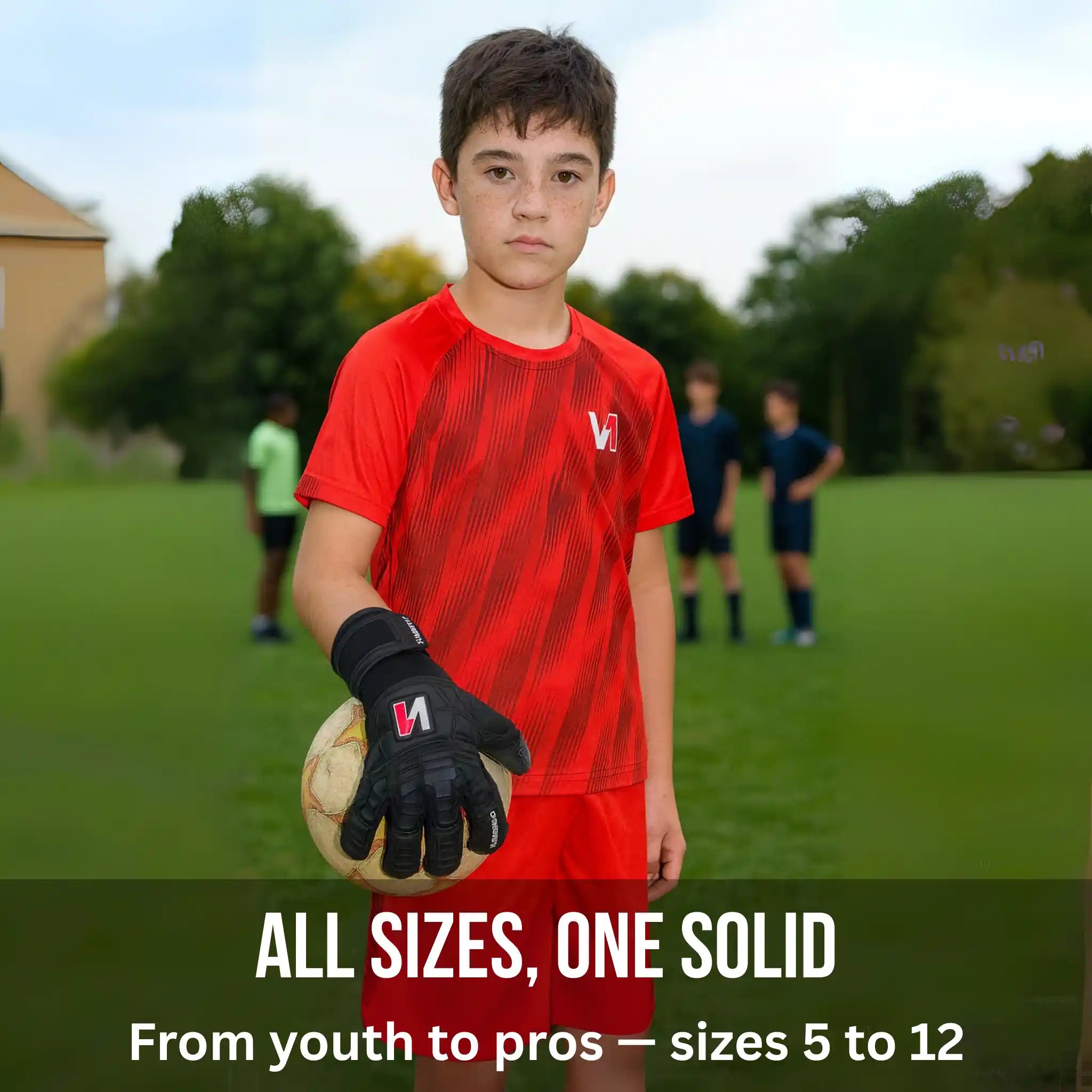 Child in red sports outfit holding a soccer ball on a field with text about product availability.