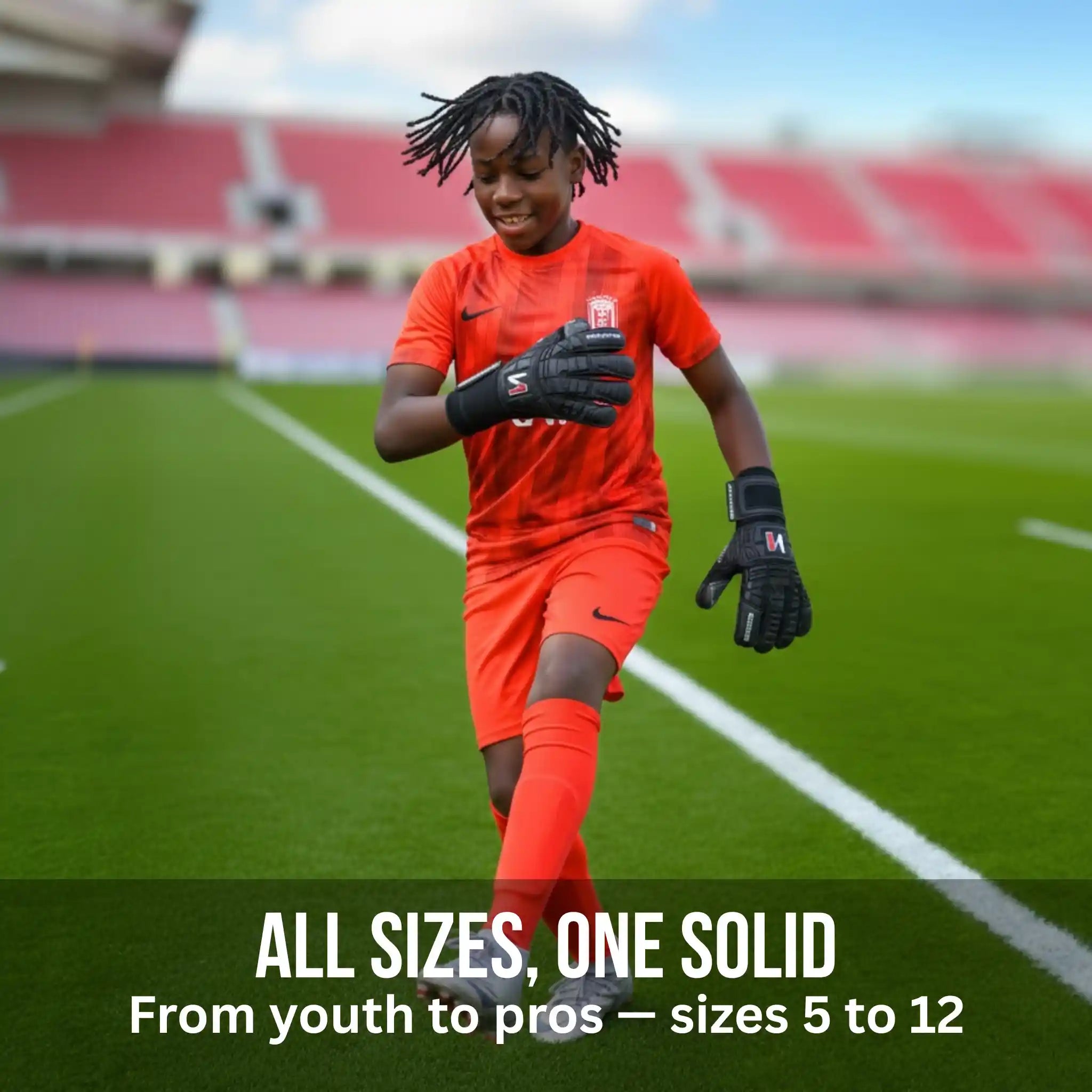 Person in orange soccer gear on a soccer field with text about product availability.