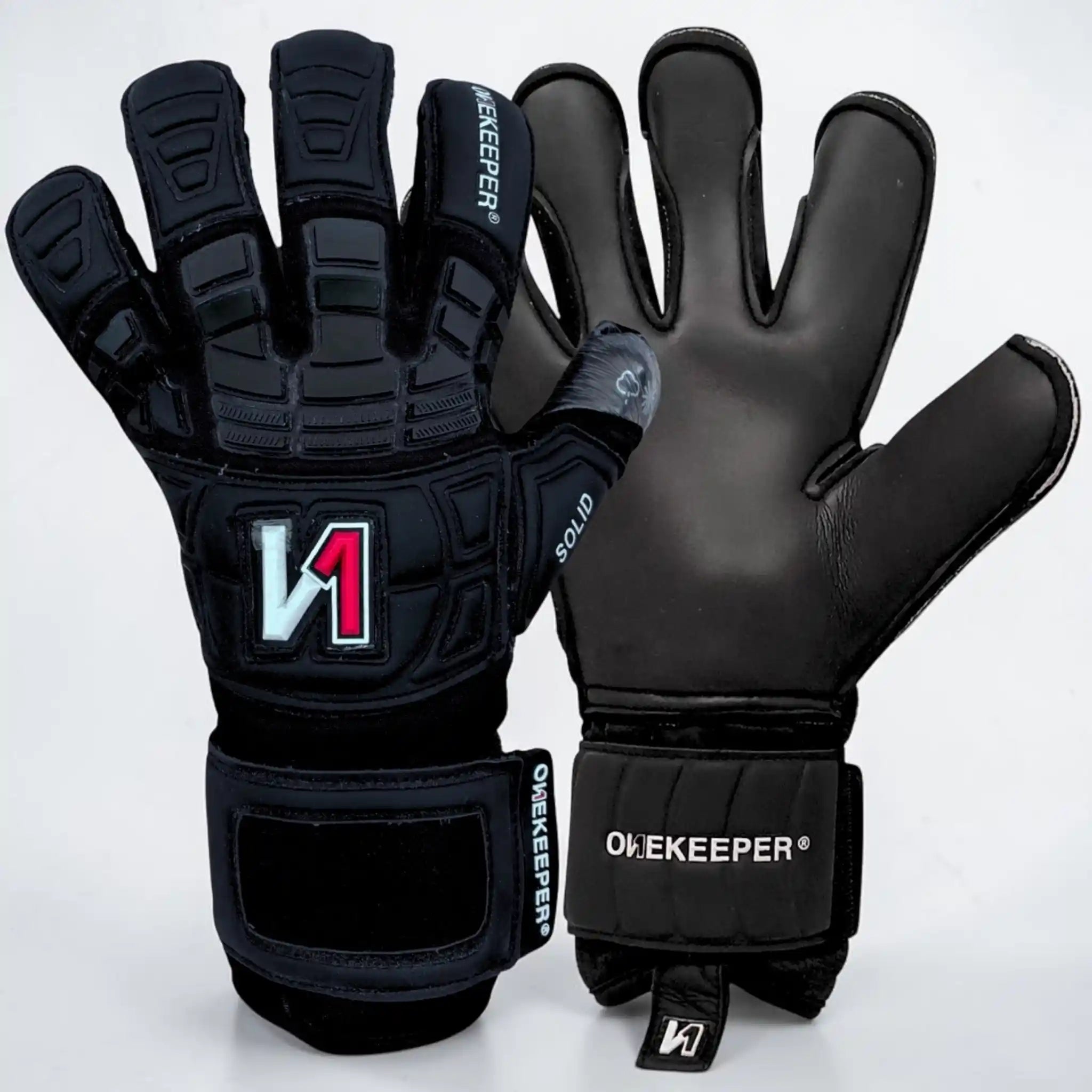 onekeeper Solid Black goalkeeper gloves with 'Onekeeper' branding on a white background
