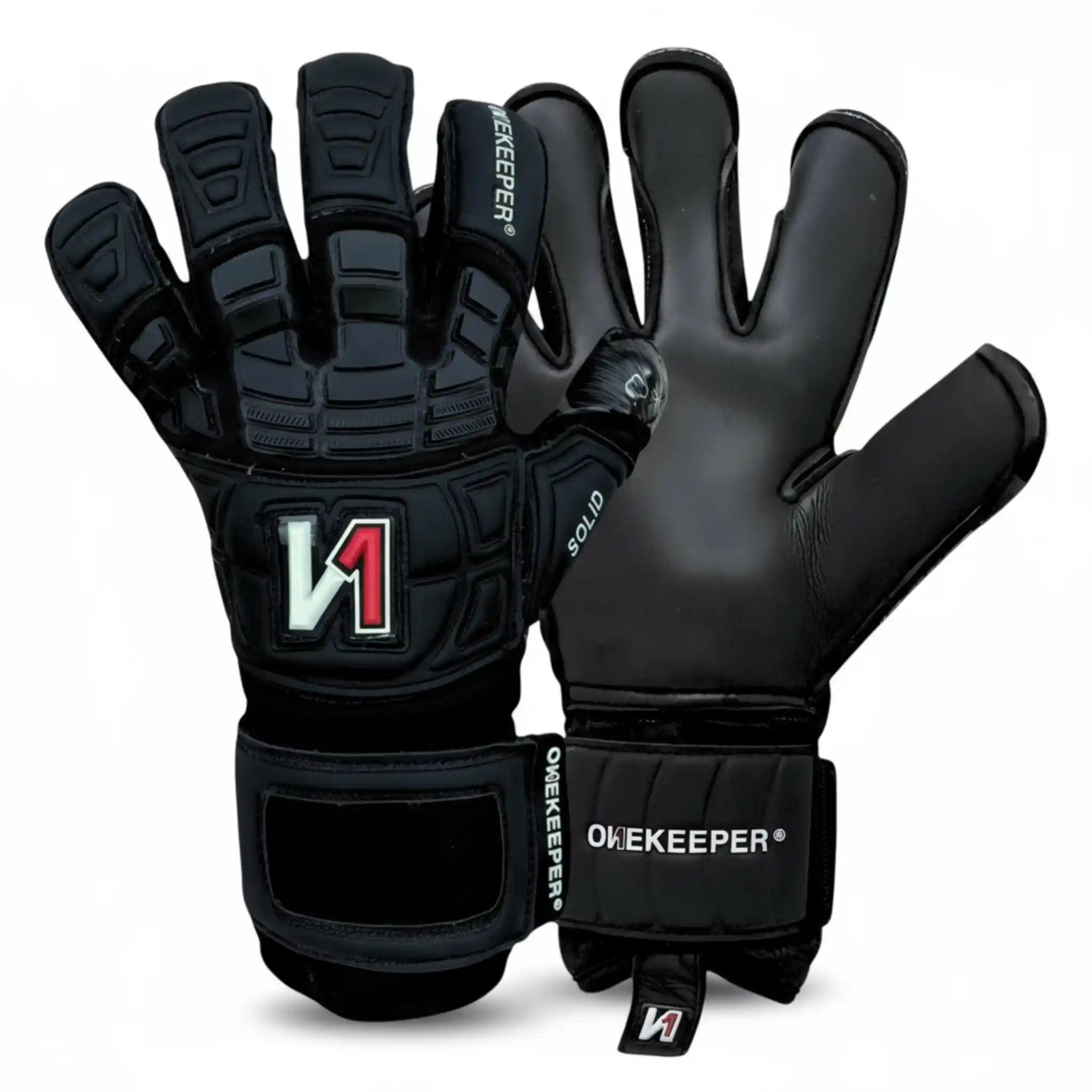 ONEKEEPER Solid Black goalkeeper gloves with visible branding on a white background