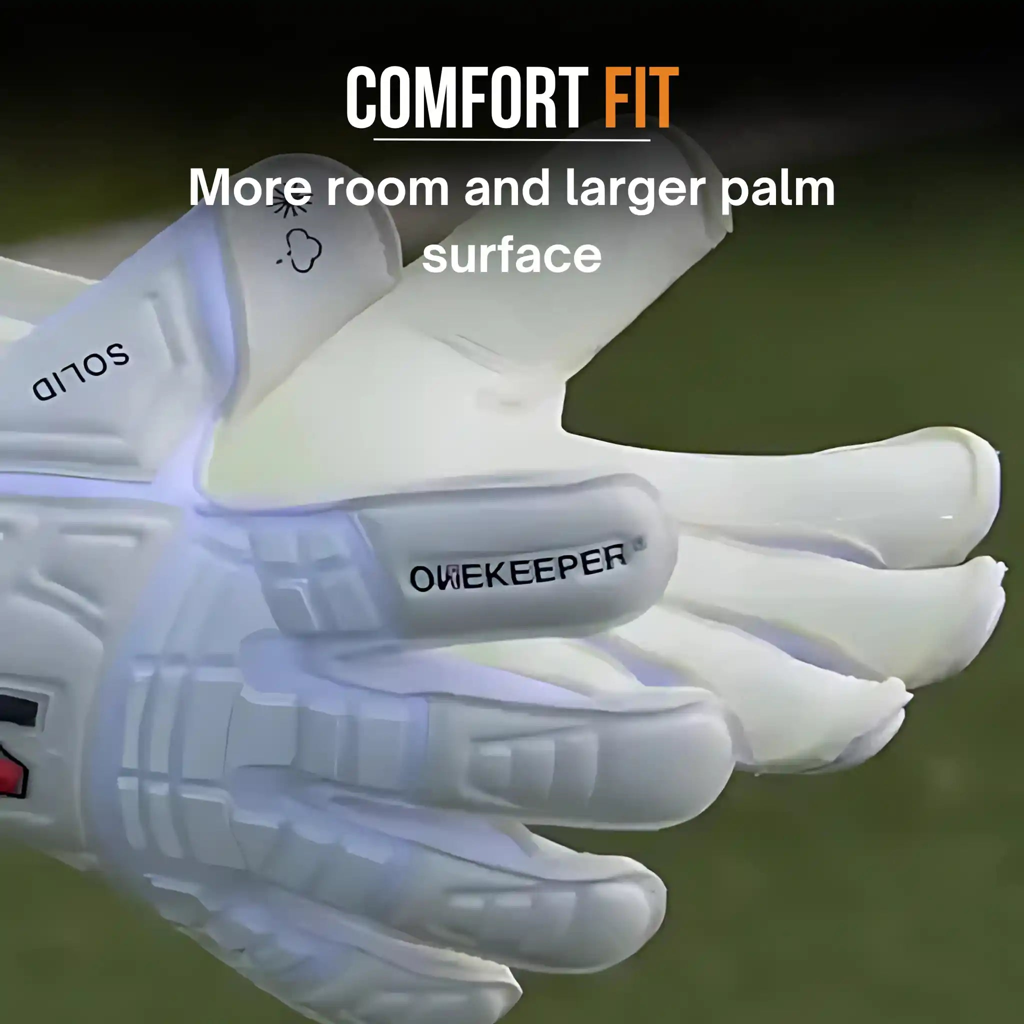 onekeeper solid White goalkeeper glove with 'Onekeeper' branding on a blurred sports field background