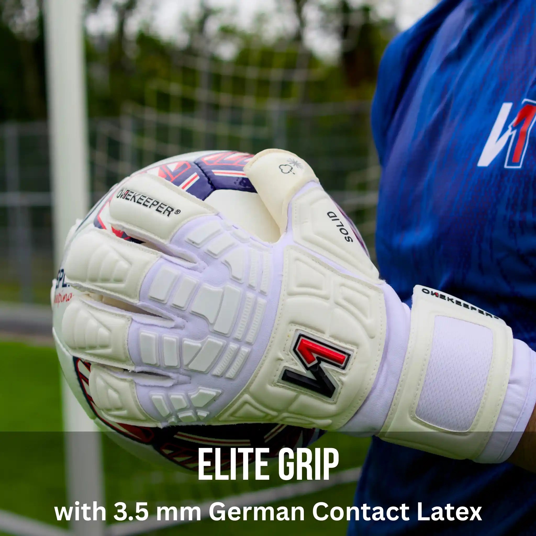 ONEKEEPER Solid White Goalkeeper glove with 'Elite Grip' text on a sports field background