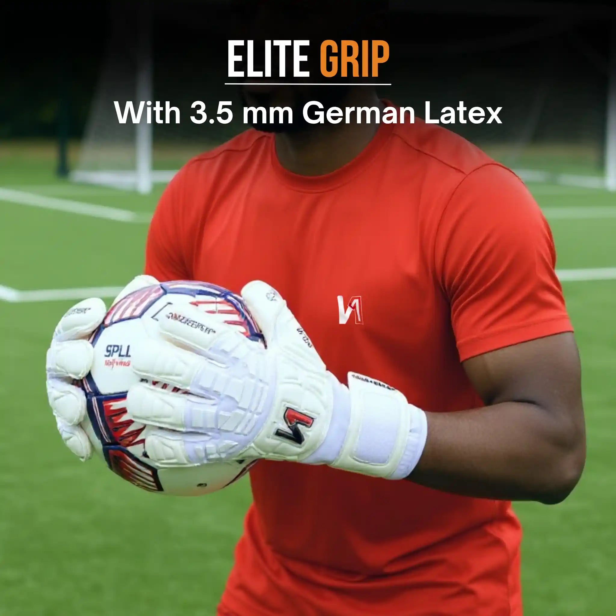 Person wearing a onekeeper solid goalkeeper gloves holding a ball with 'Elite Grip' text on a sports field background