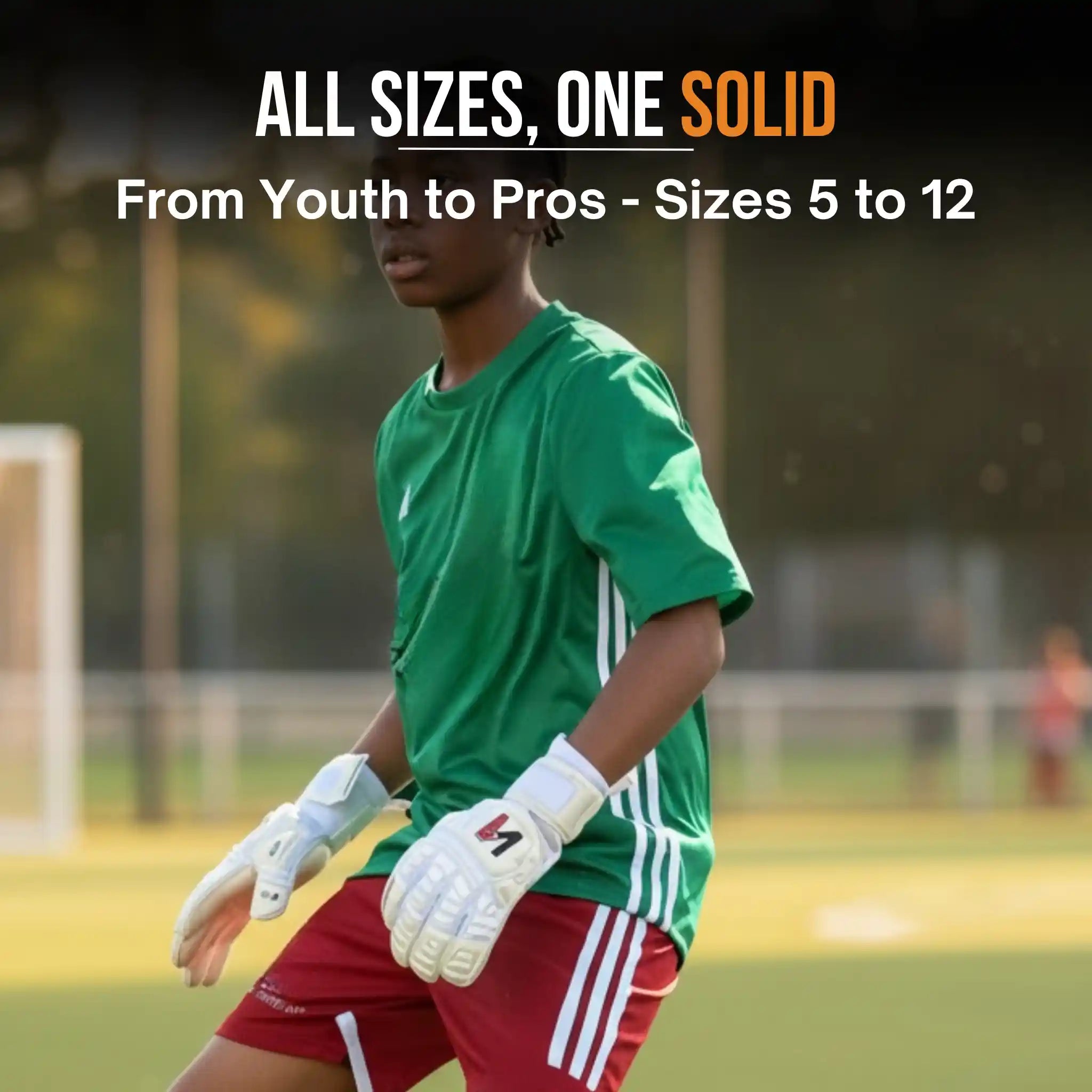Person in green soccer jersey and red shorts with a onekeeper solid white gloves on a soccer field, promotional text overlay.