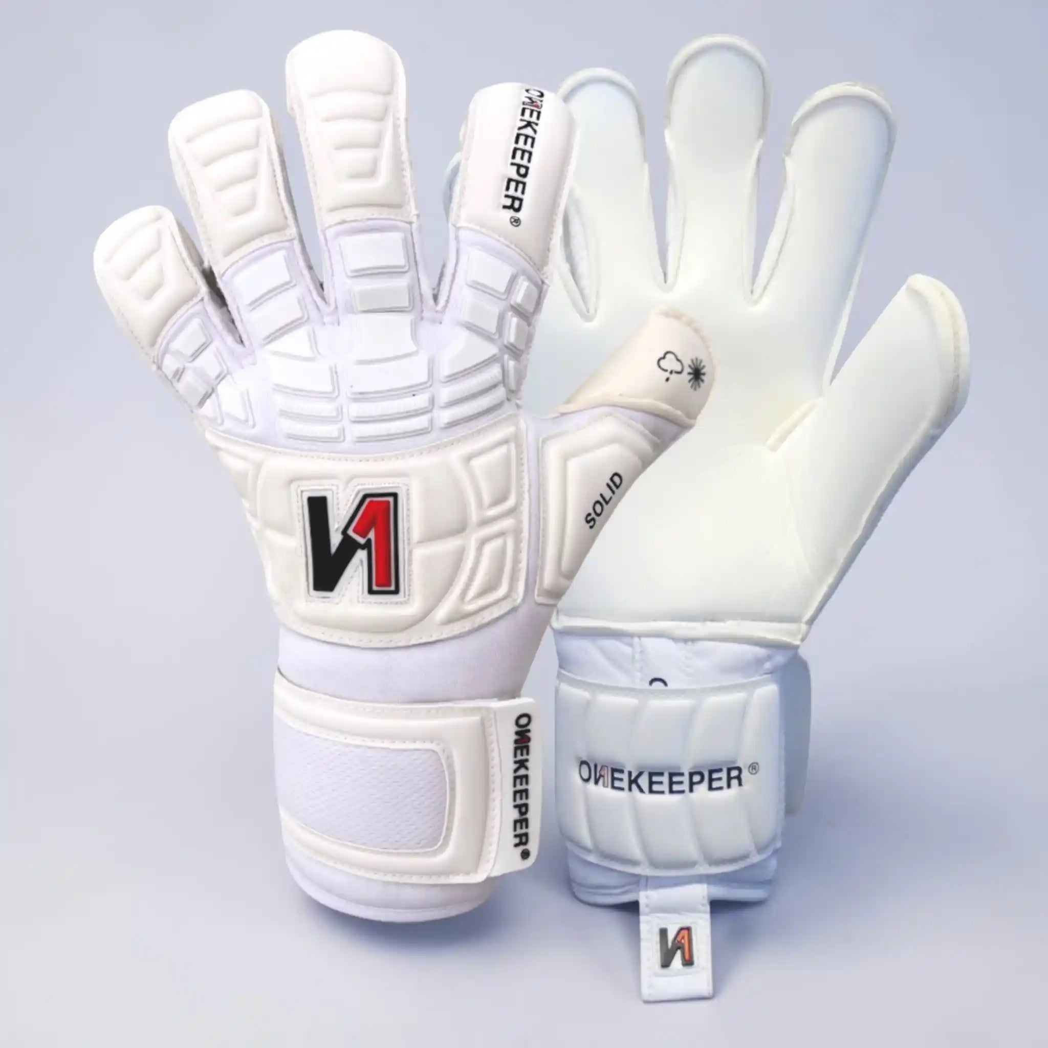 onekeeper solid White goalkeeper gloves with visible branding on a light gray background