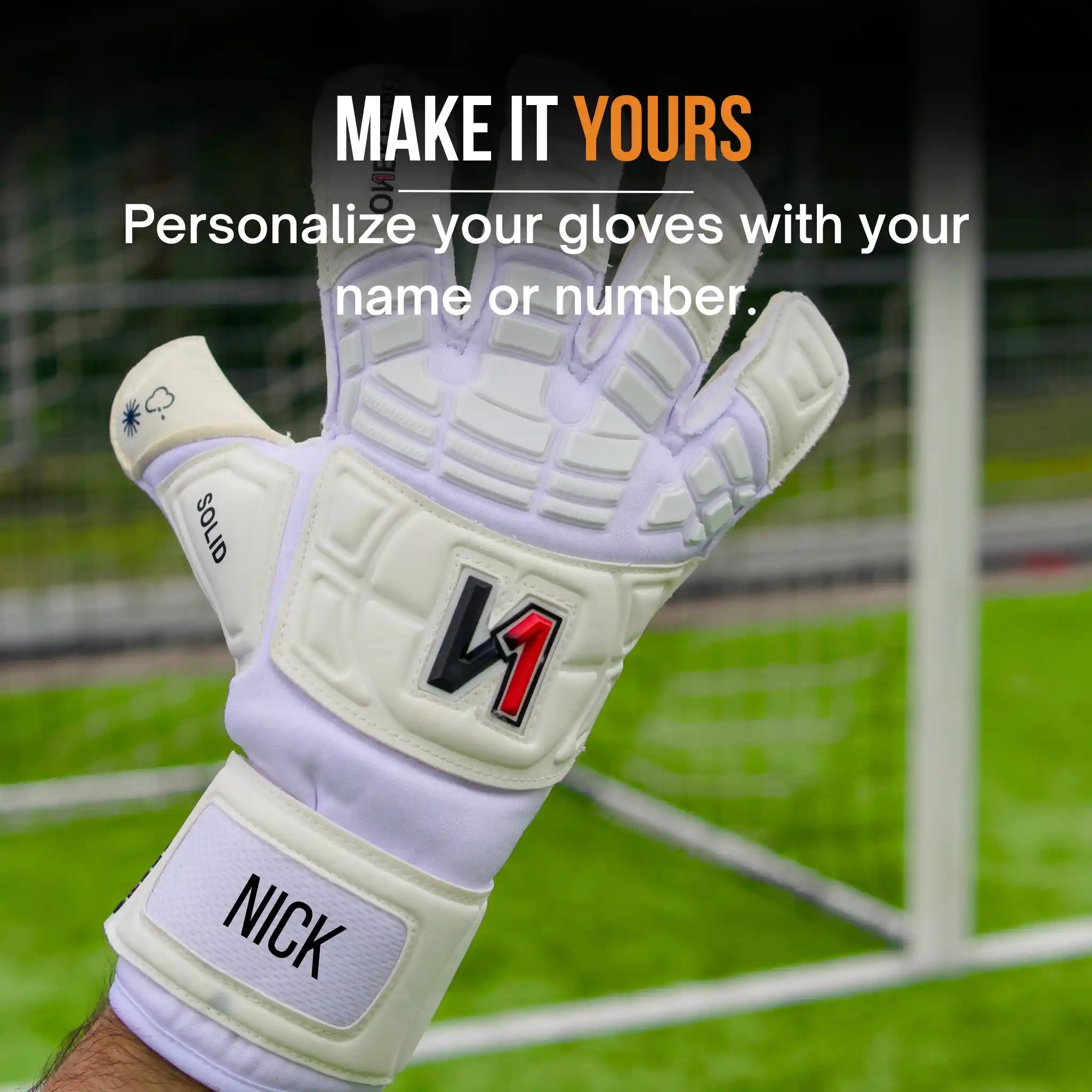 onekeeper solid White goalkeeper glove with black and red logo on a blurred sports field background