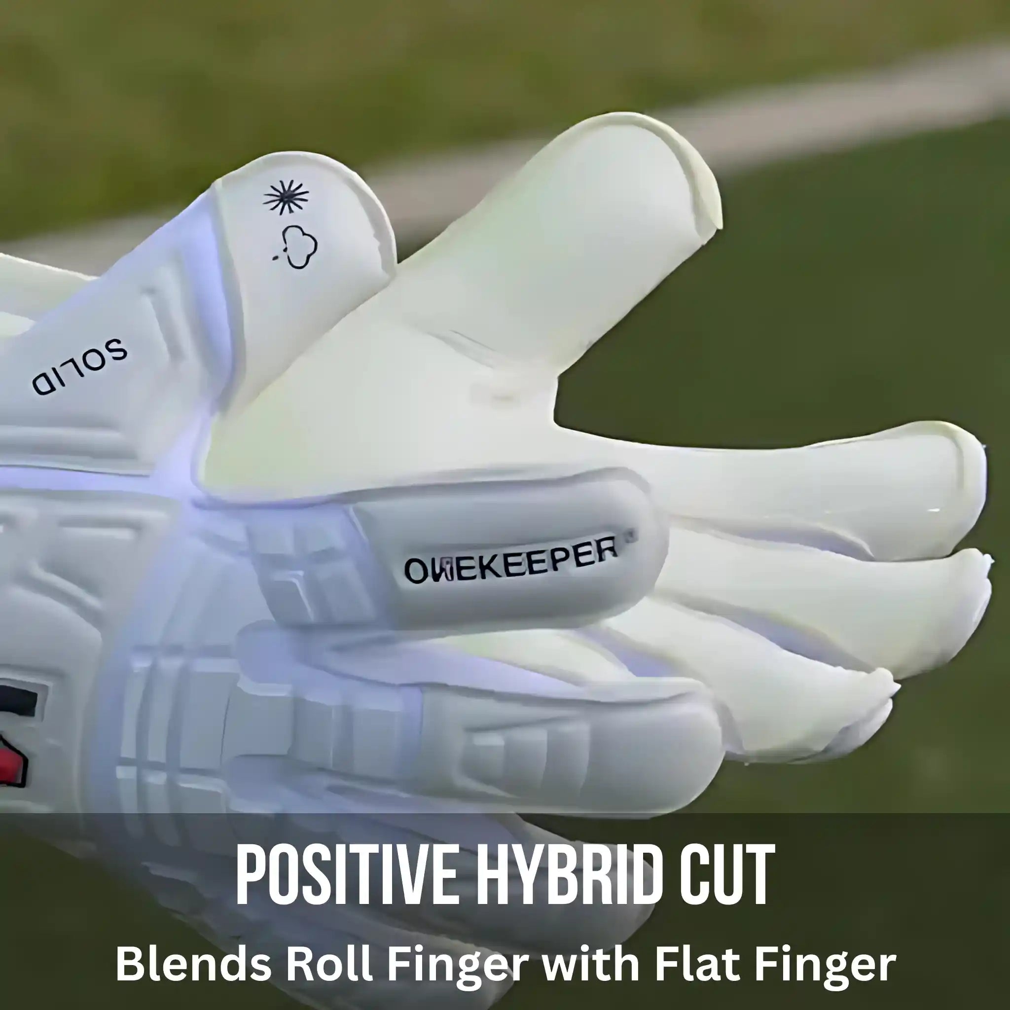 ONEKEEPER Solid White goalkeeper glove with 'Onekeeper' branding on a blurred sports field background