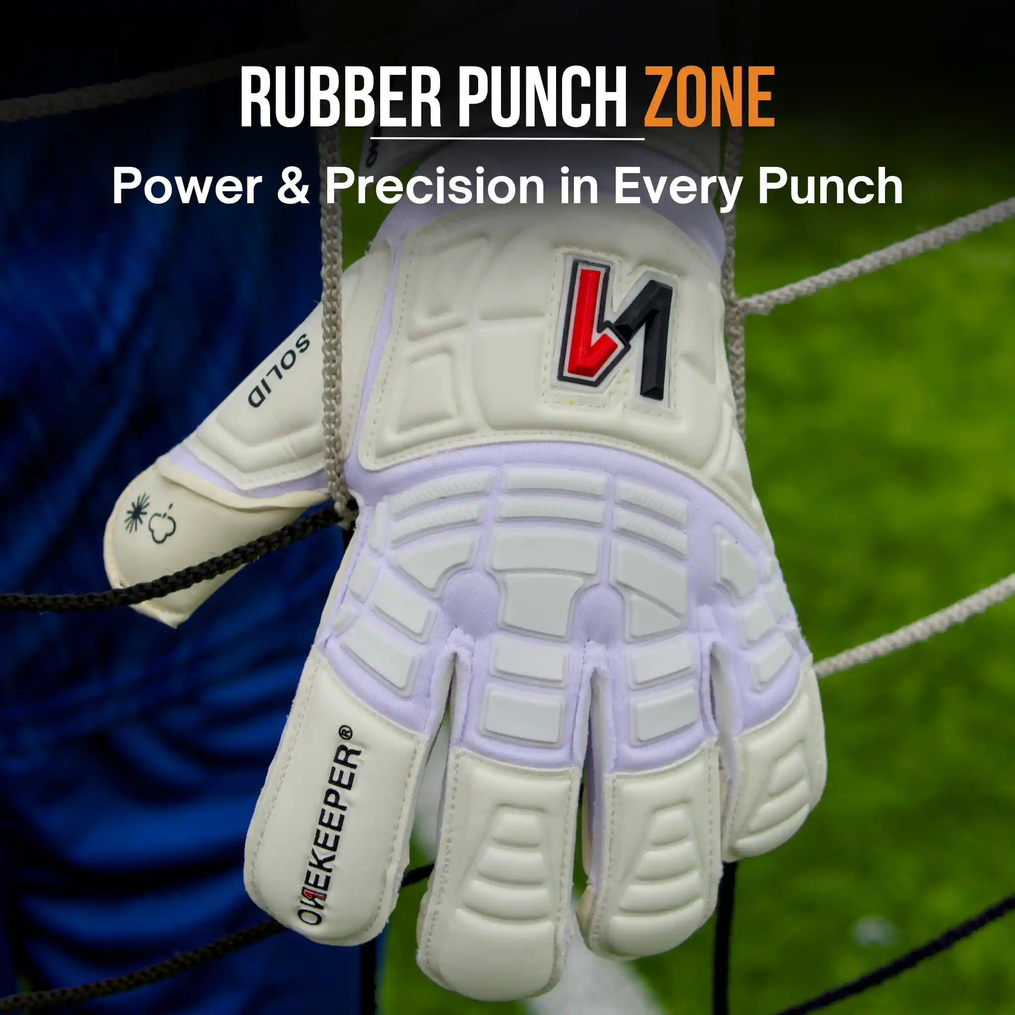 onekeeper solid White goalkeeper glove with brand logo on a sports field background, featuring 'Rubber Punch Zone' text.