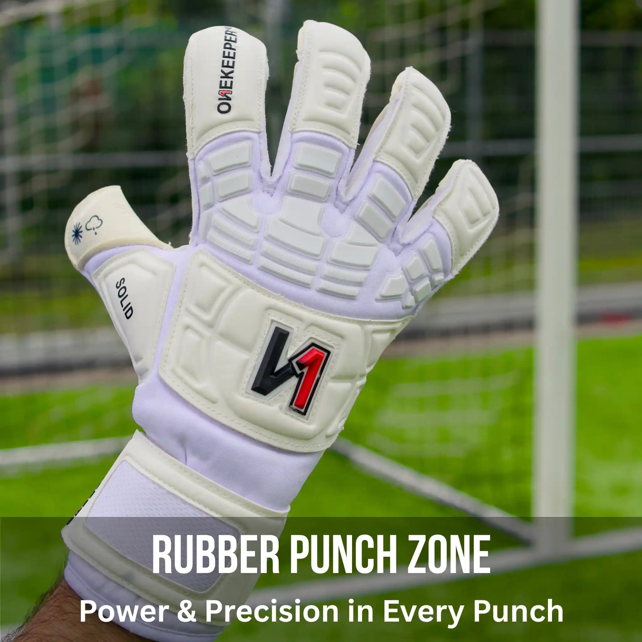 ONEKEEPER Solid White goalkeeper glove with brand logos on a blurred soccer field background