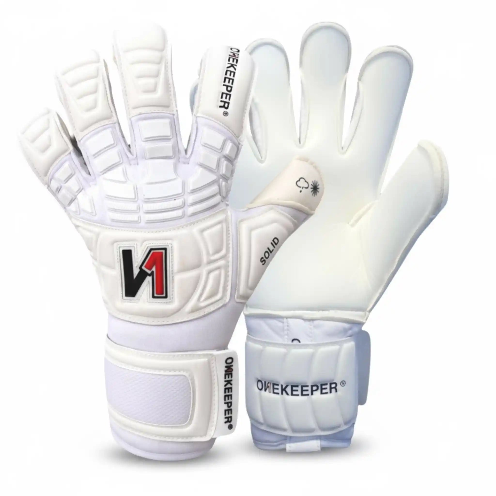 Pair of onekeeper solid white goalkeeper gloves with visible branding on a white background