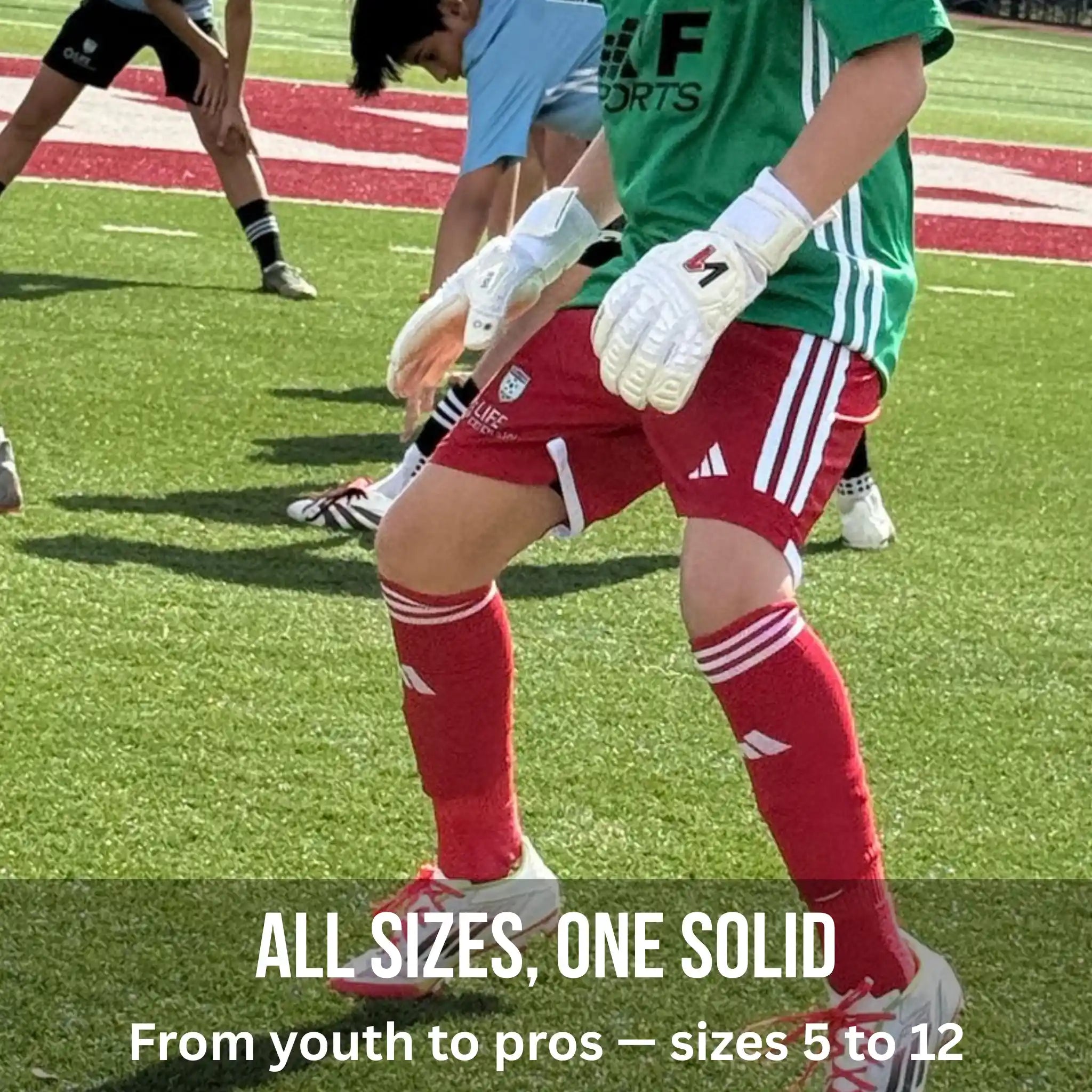 Kids with a ONEKEEPER Solid White for Kids in soccer gear on a field with promotional text about product sizes.