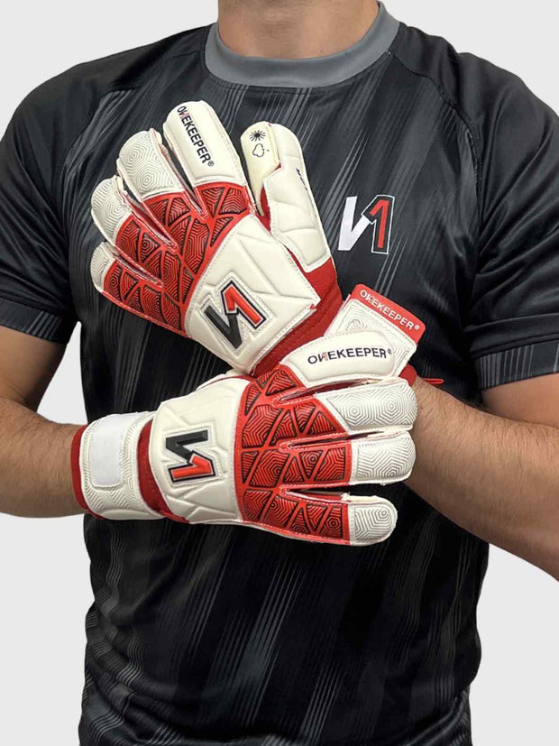 ONEKEEPER VECTOR White and Red - Hybrid Cut High-Performance Goalkeeper Gloves for Youth and Adults
