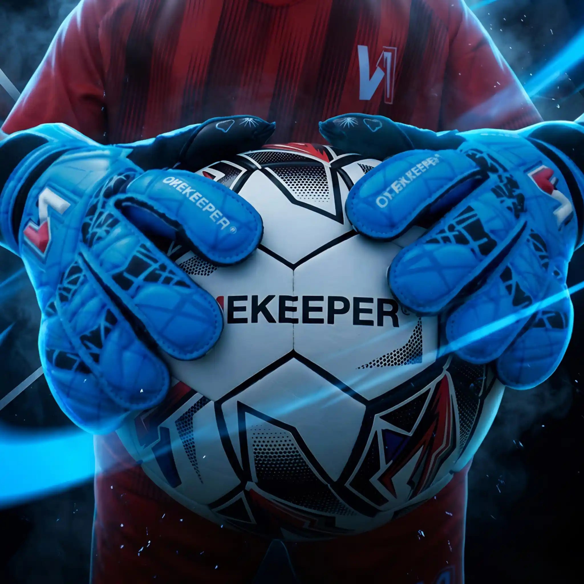 Person wearing a onekeeper vector evolution blue goalkeeper gloves holding a soccer ball with 'KEEPER' branding.