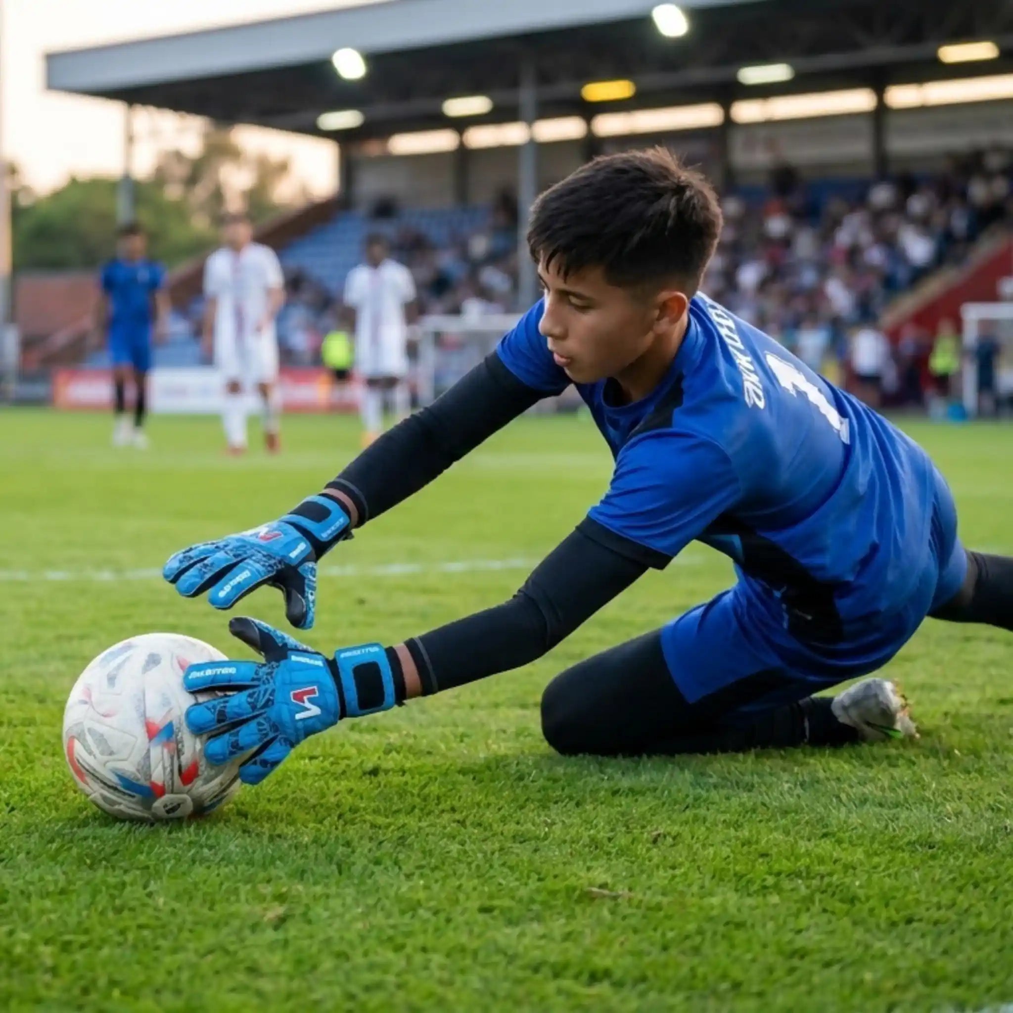 Soccer goalkeeper in blue gear diving for a ball on a grass field with spectators in the background wearing a onekeeper vector evolution blue goalkeeper glove
