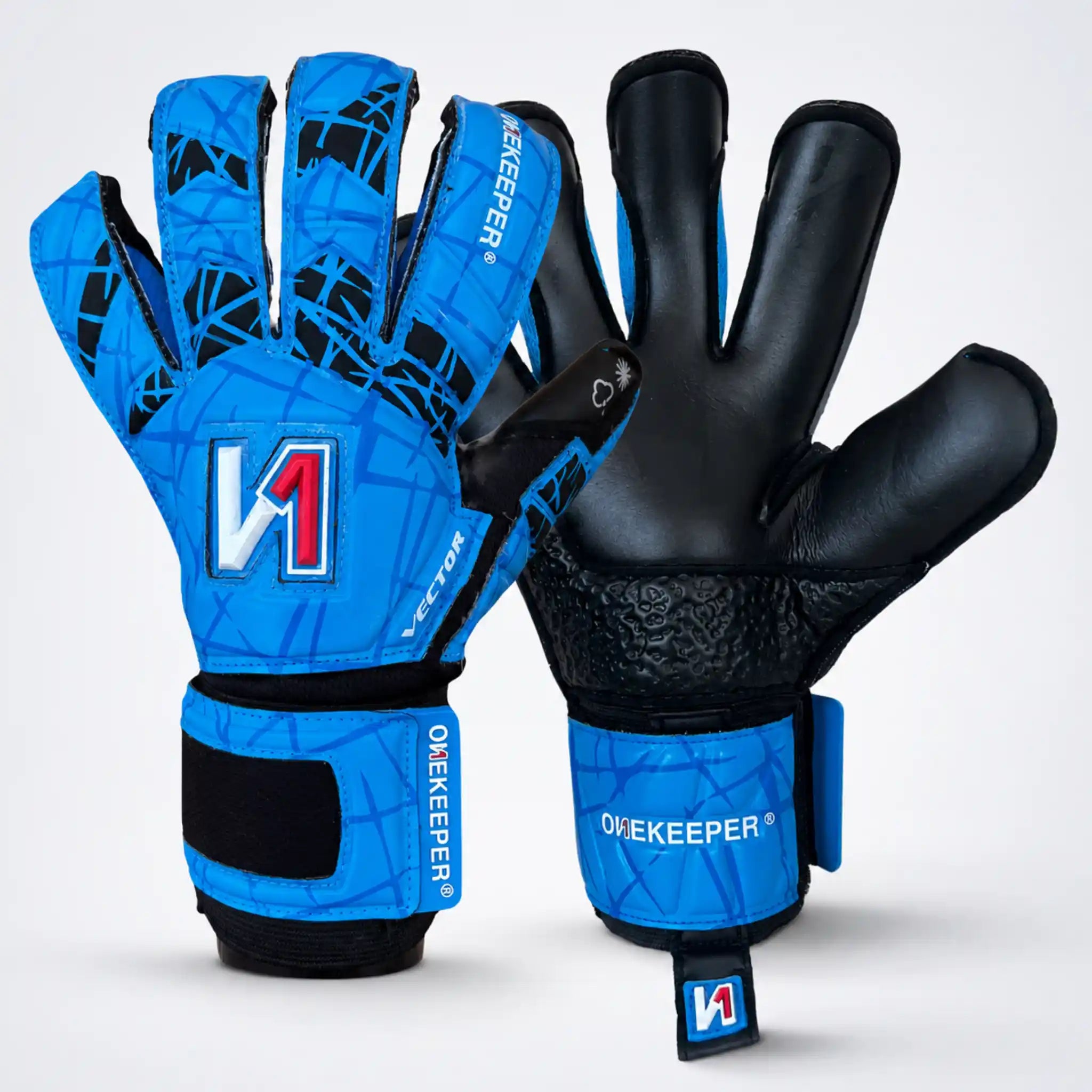 ONEKEEPER Vector Evolution Blue and black goalkeeper gloves with visible branding on a white background