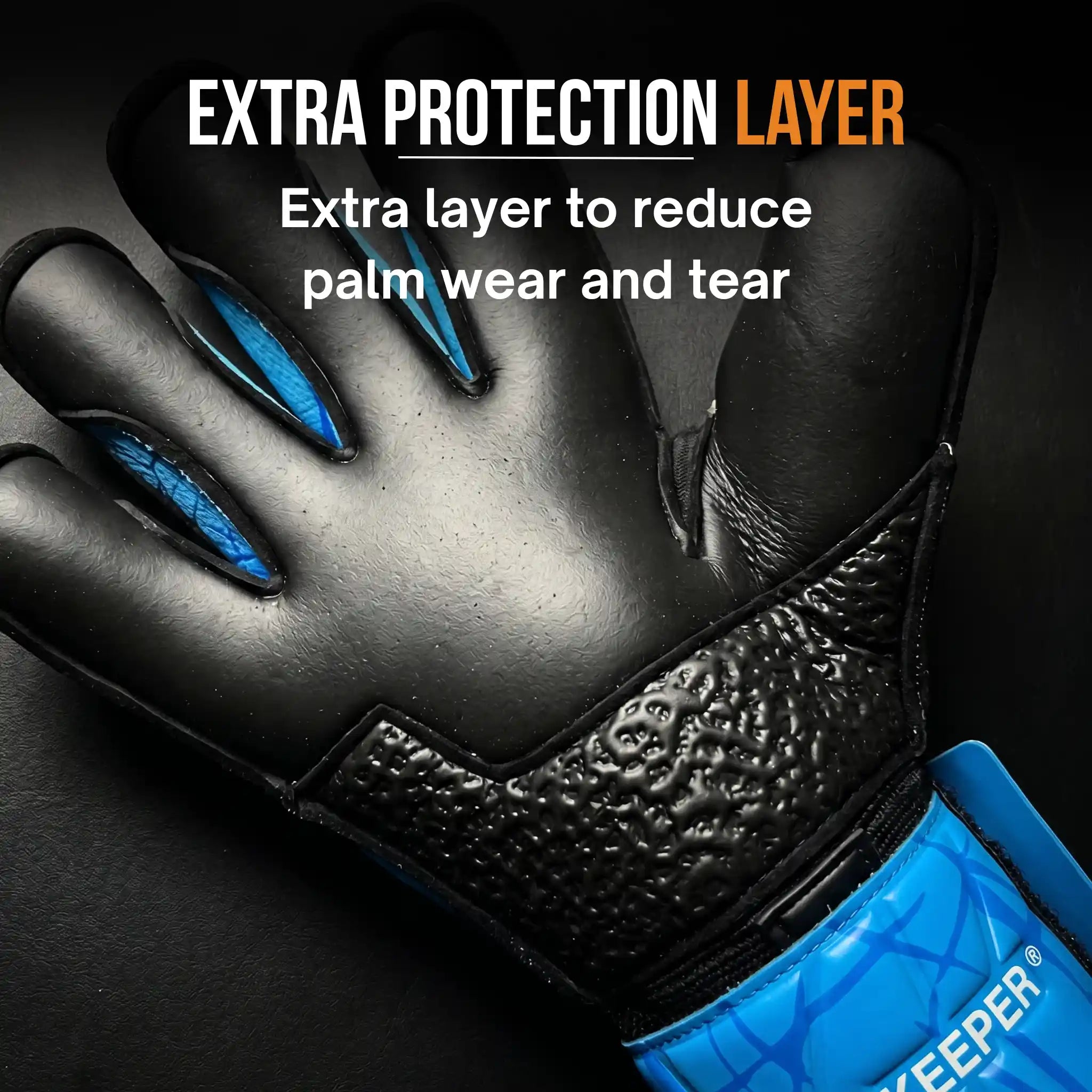 ONEKEEPER Vector Evolution Blue and Black glove with an extra protection layer on a dark background