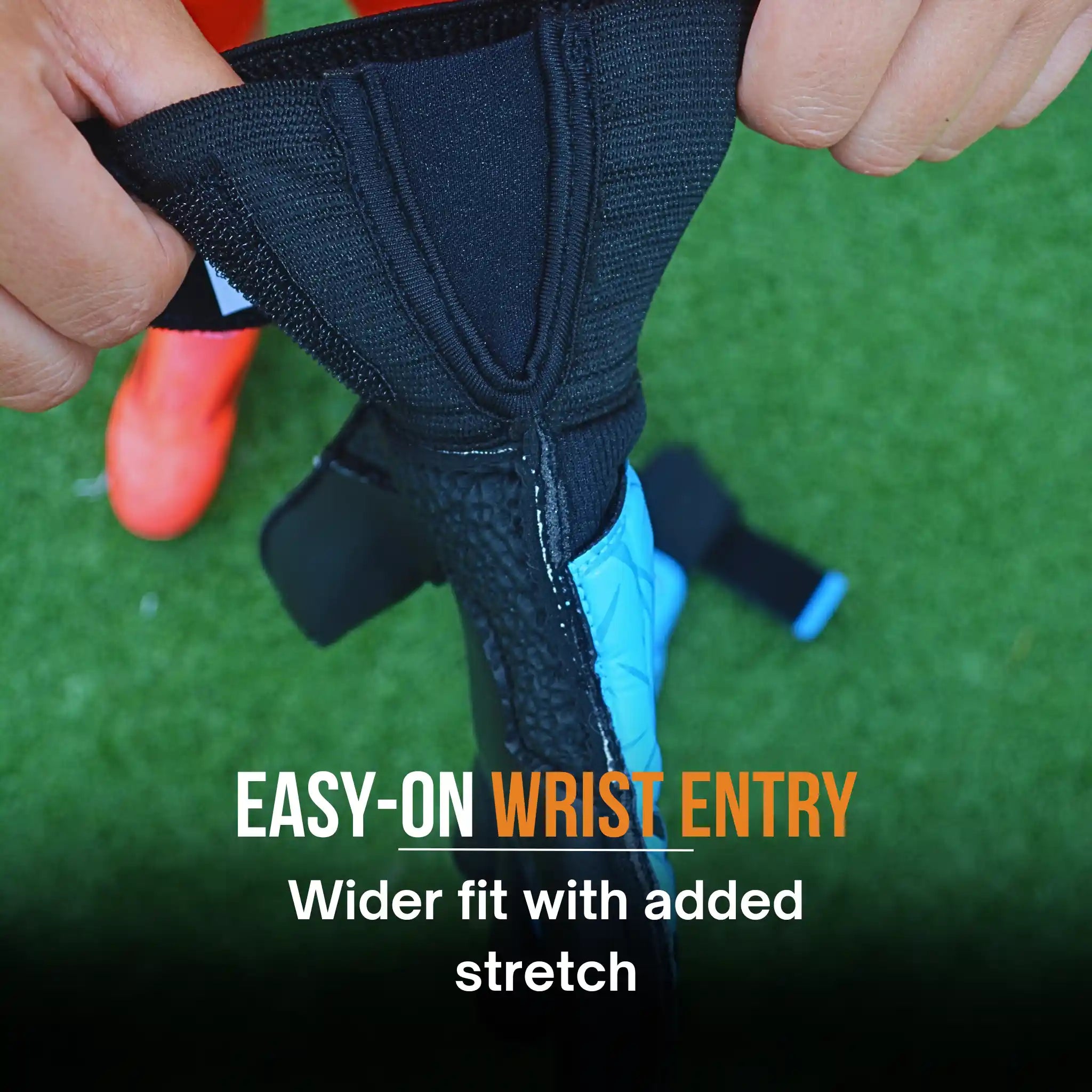 ONEKEPER VECTOR evolution blue with a Black wrist support with text 'Easy-on Wrist Entry' on a green background