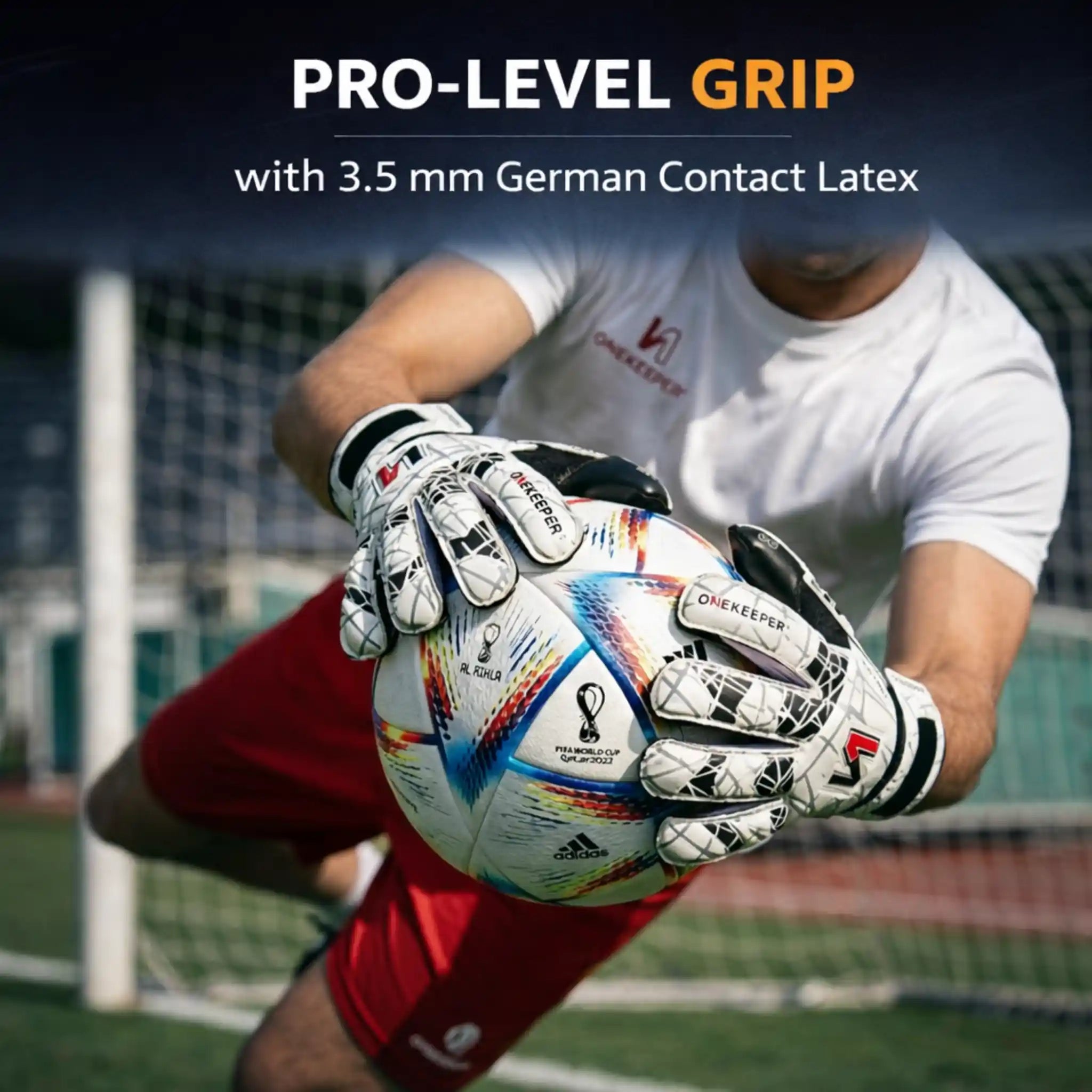 Person wearing a red shirt with ONEKEEPER Vector Evolution White gloves