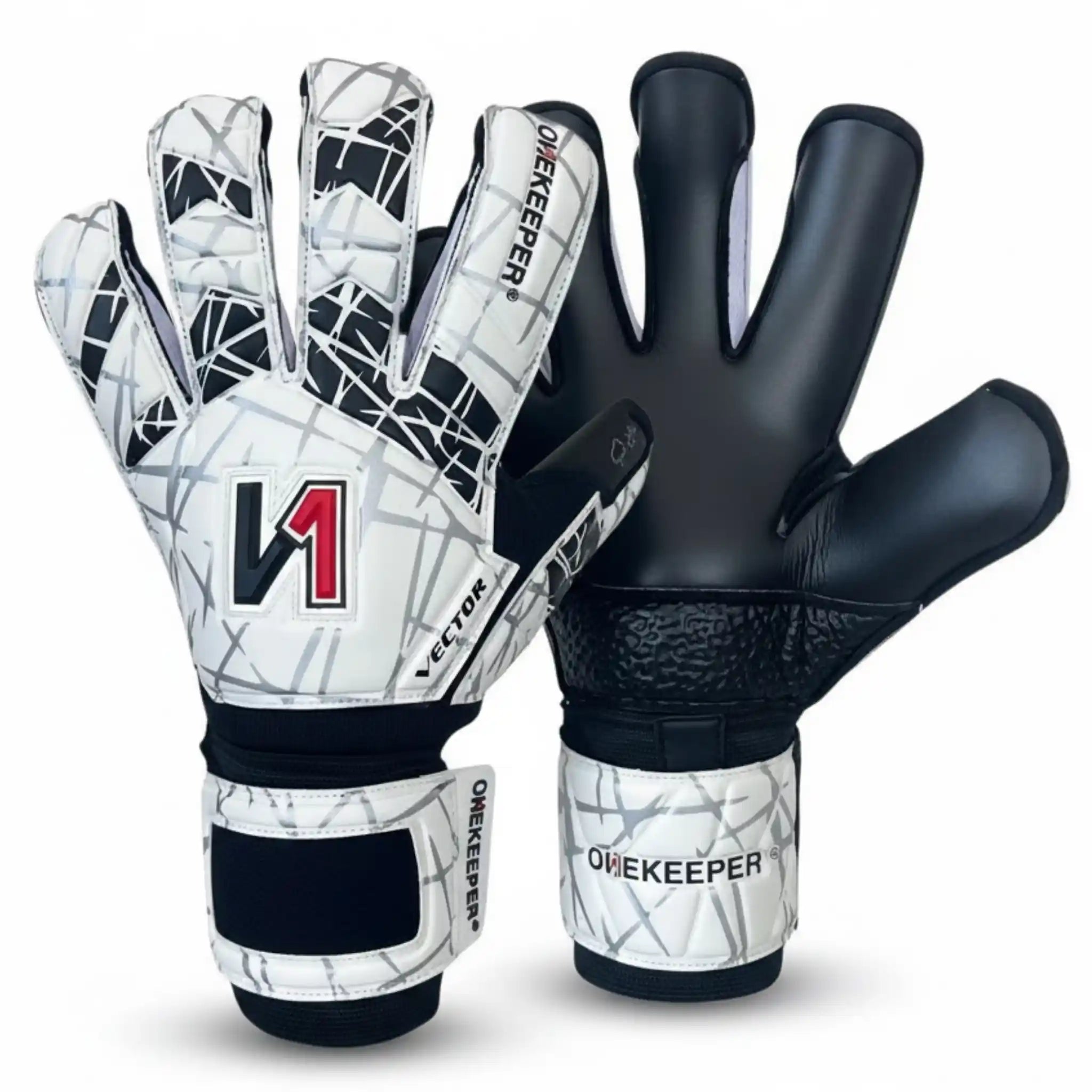 Pair of ONEKEEPER Vector WHITE goalkeeper gloves with black and white design on a white background