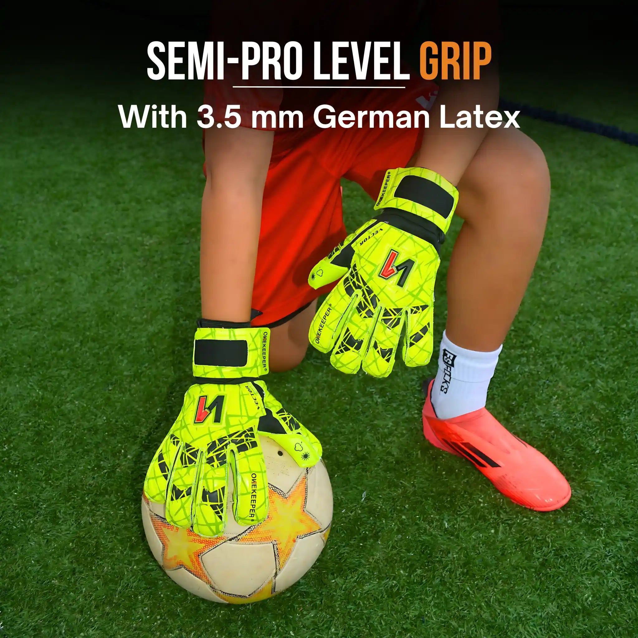 kid with a onekeeper vector evolution neon yellow goalkeeper glove.