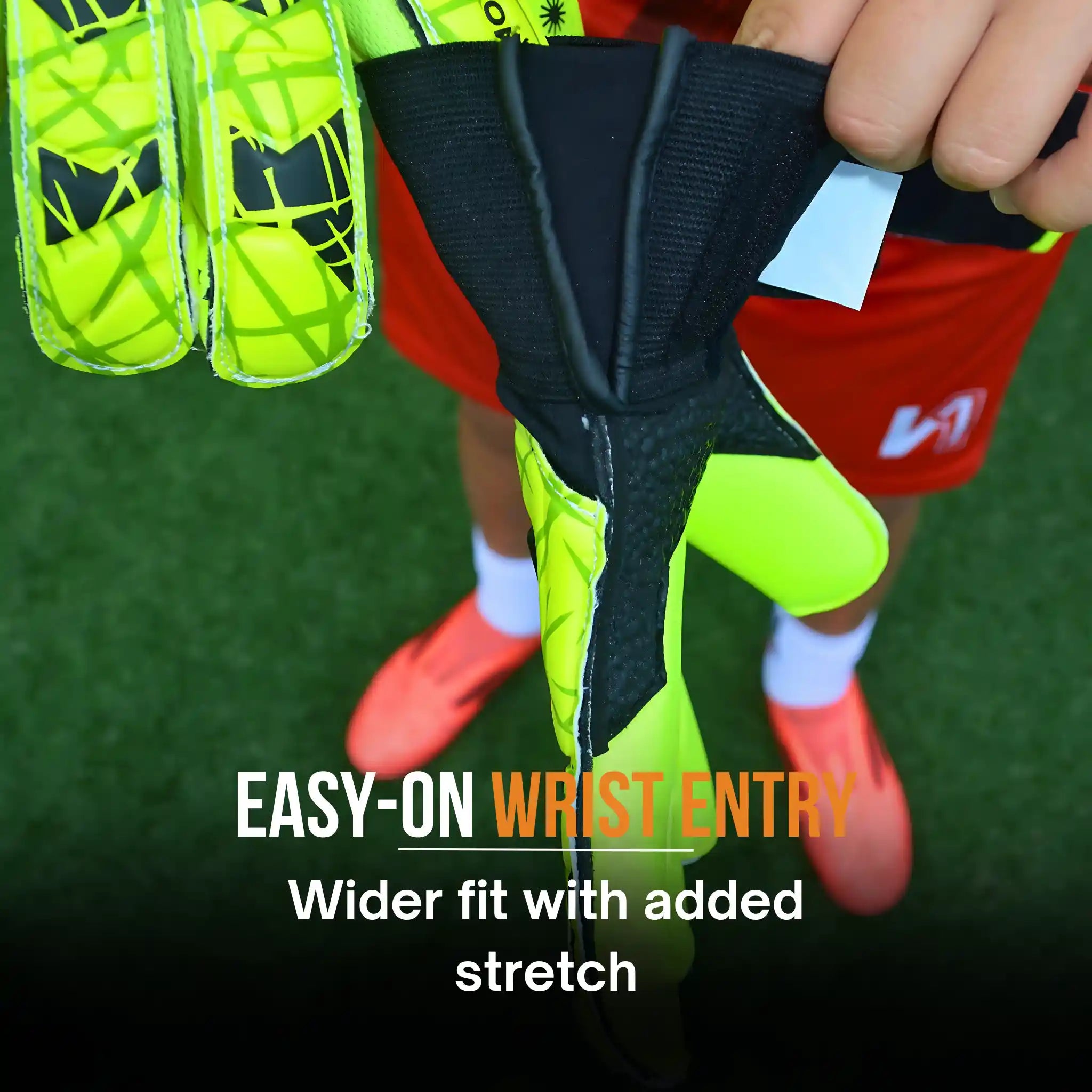 kids with a onekeeper vector evolution neon yellow goalkeeper glove showing the easy-on wrist entry.