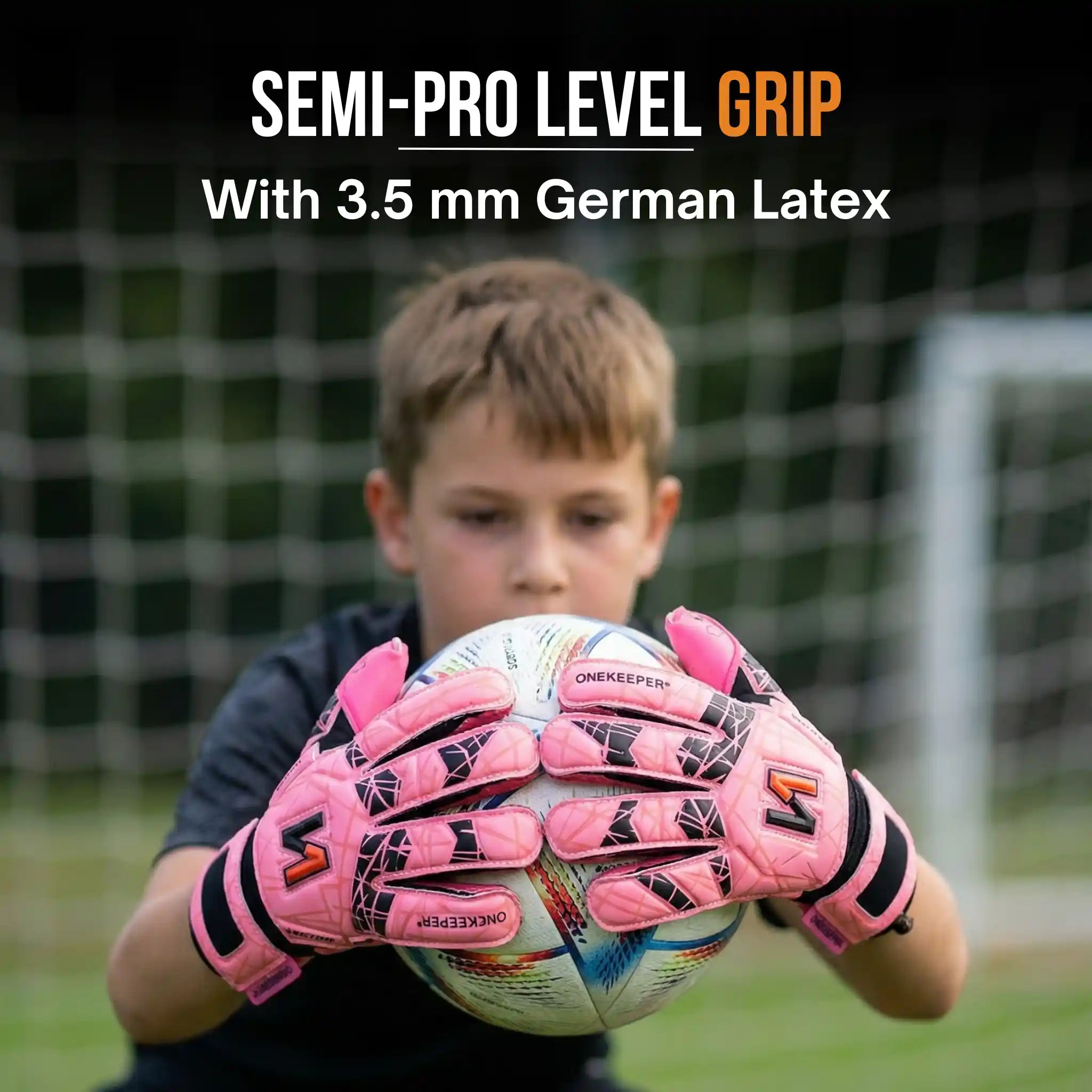 Child wearing a onekeeper vector evolution pink goalkeeper gloves holding a soccer ball with text about semi-pro level grip and German latex.