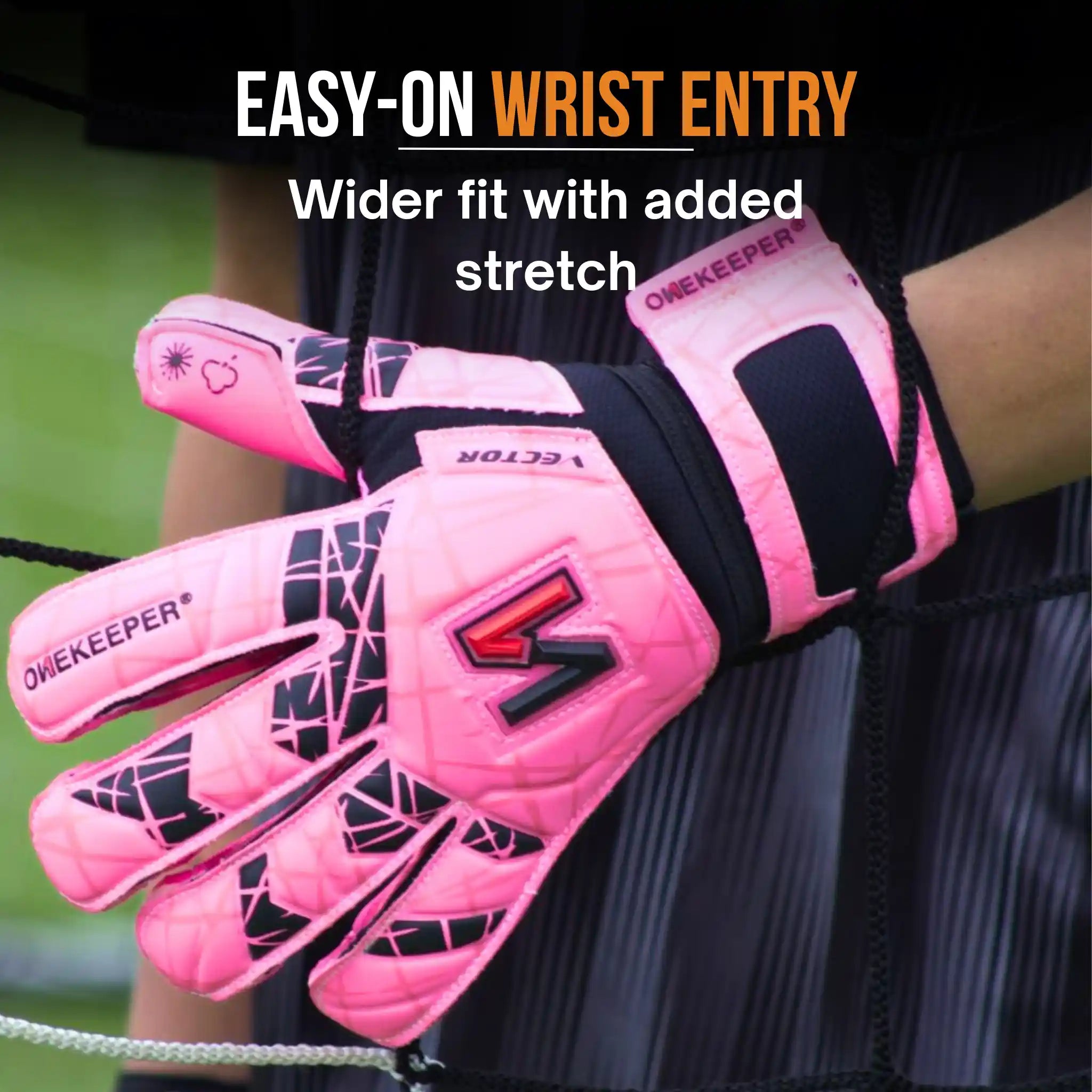 onekeeper vector evolution Pink goalkeeper gloves with text on a blurred background