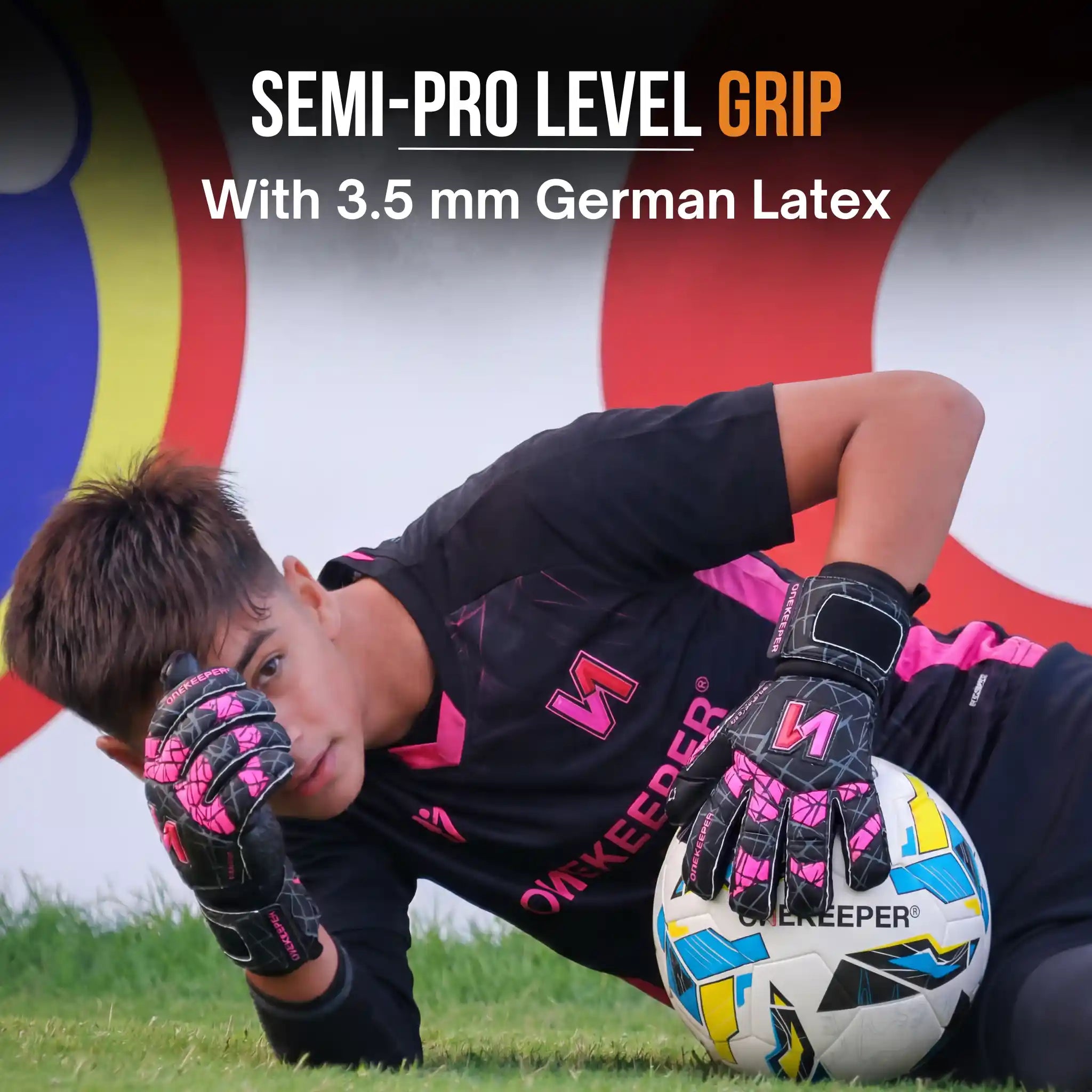 goalkeeper making a save using the ONEKEEPER Vector Evolution black and purple goalkeeper glove