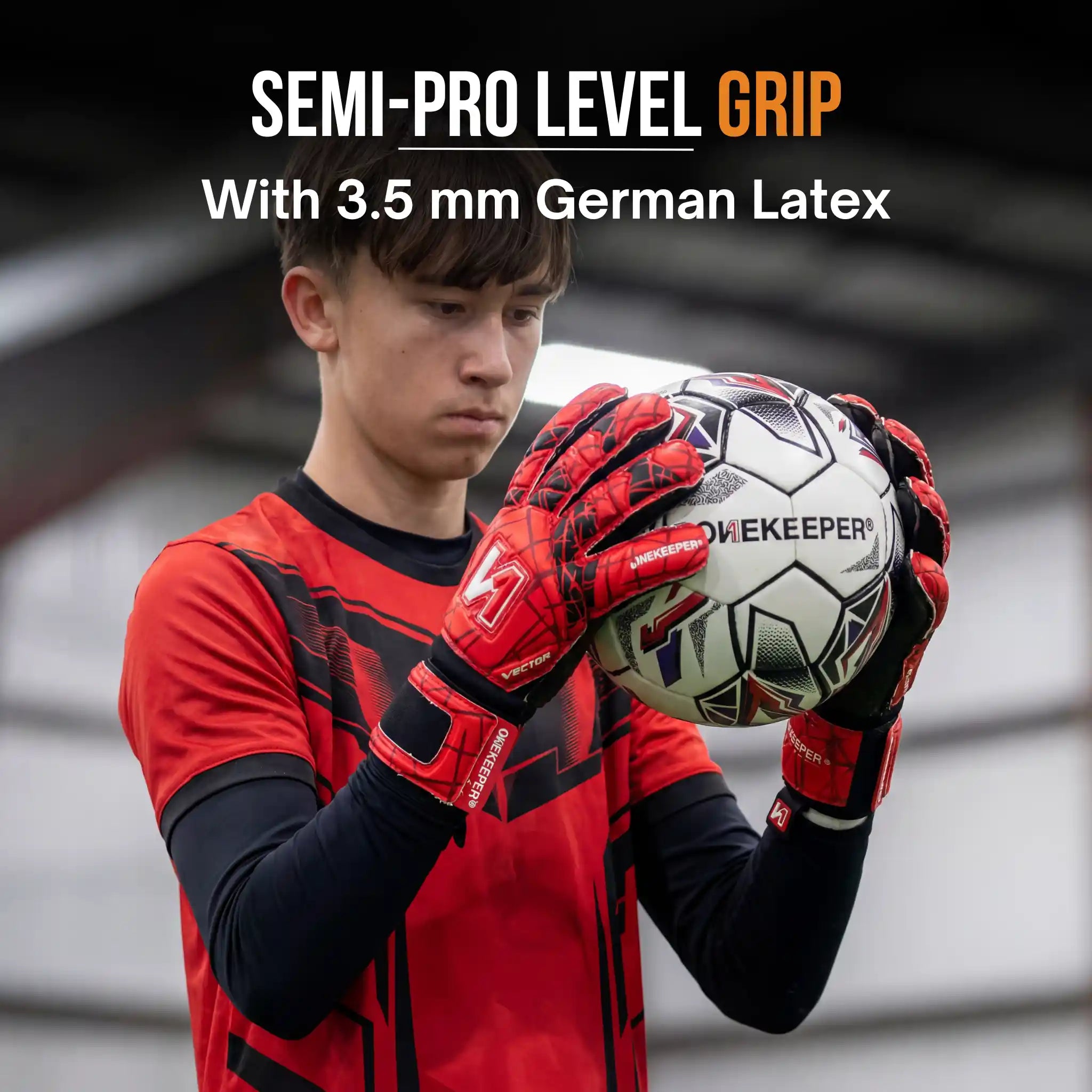 Person wearing a ONEKEEPER Vector Evolution red goalkeeper gloves holding a soccer ball with text about glove grip and latex quality.