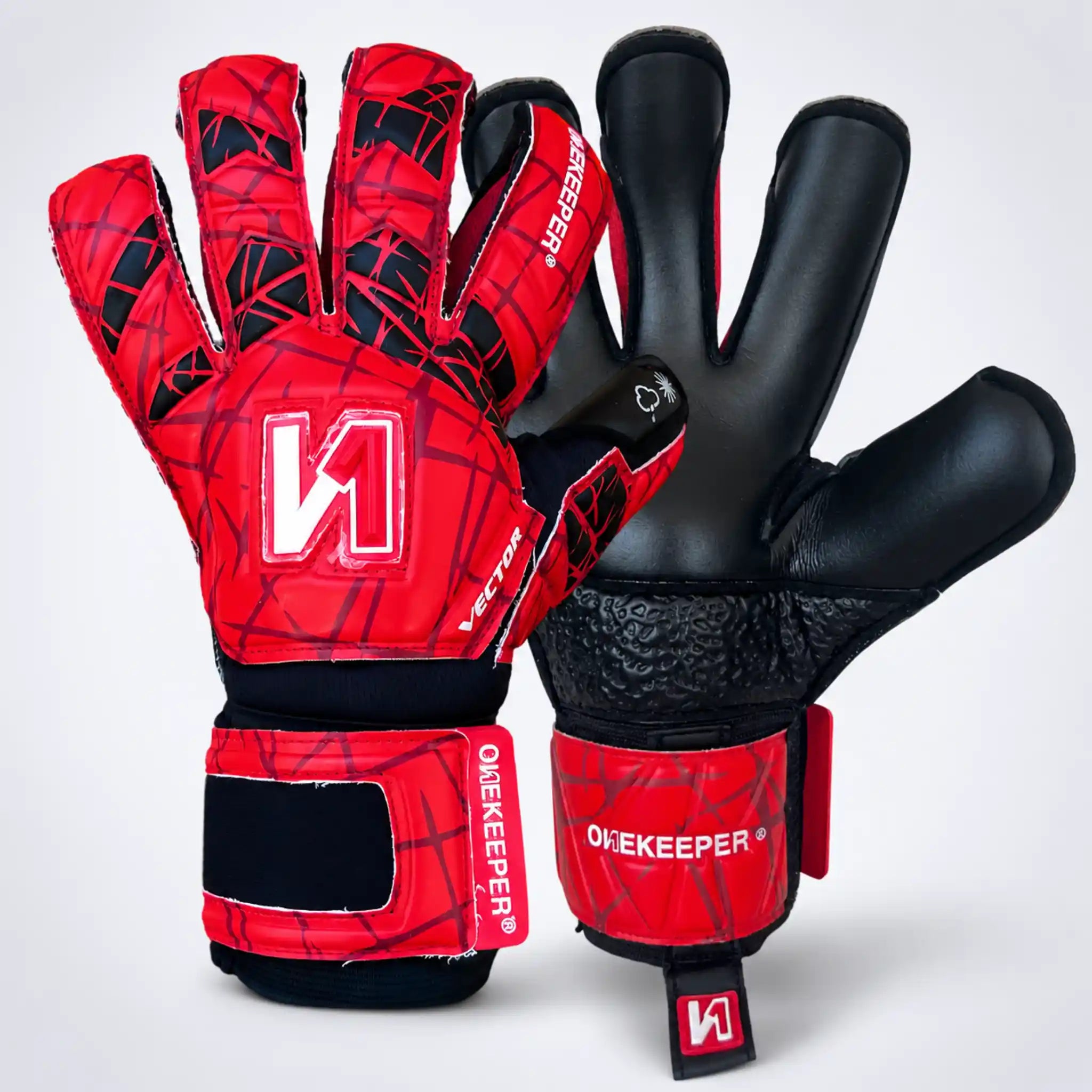 ONEKEEPER Vector Evolution Red and black goalkeeper gloves with visible branding on a white background